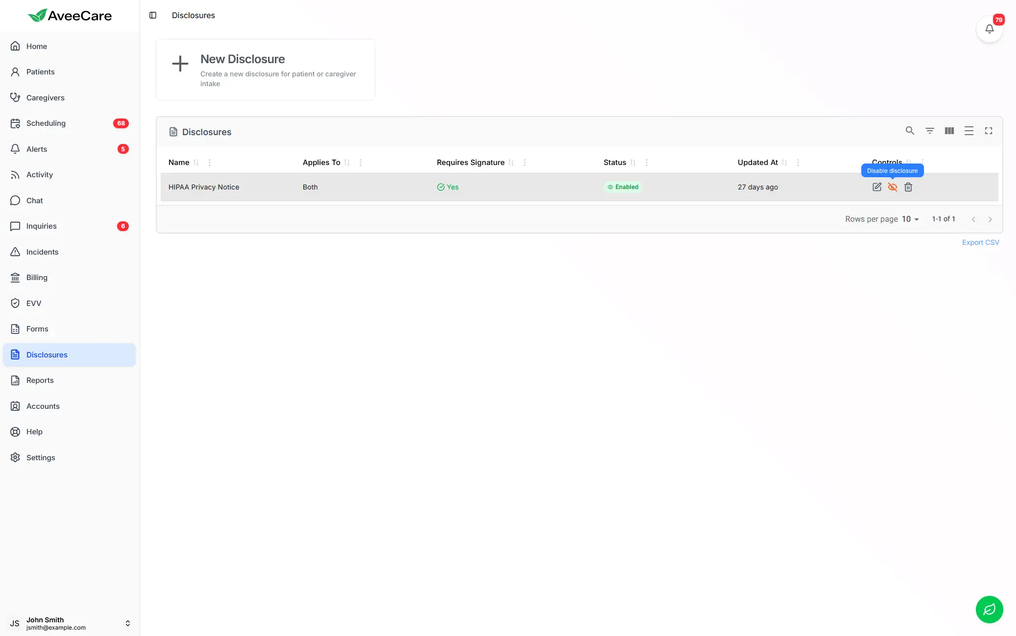 AveeCare disclosure and document management interface for home care service agreements