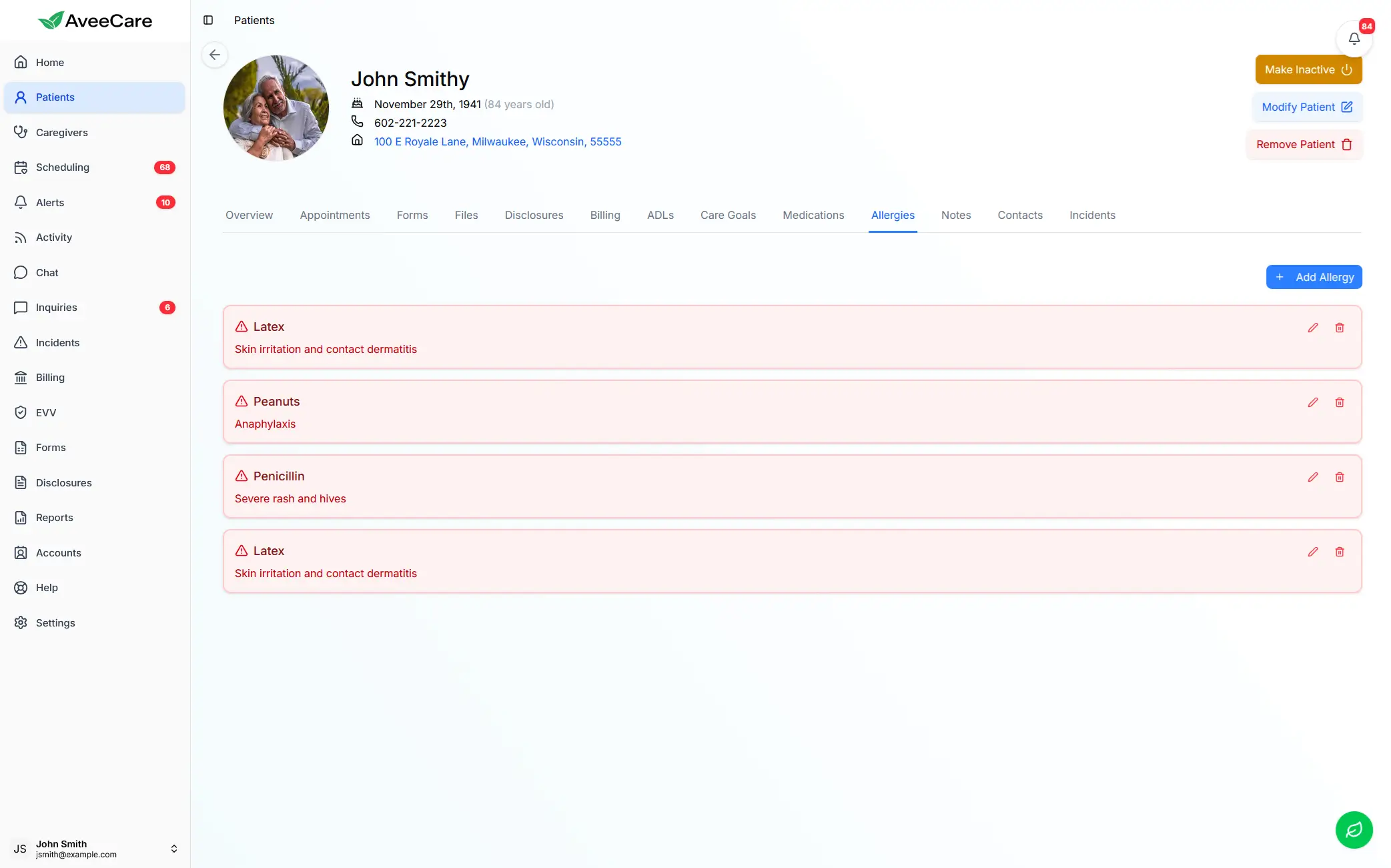 AveeCare patient allergies and dietary tracking interface for senior nutrition management