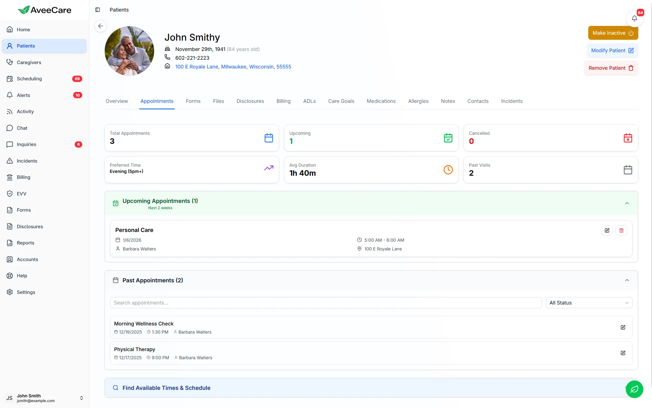 AveeCare patient appointment scheduling interface for Kentucky home care agencies