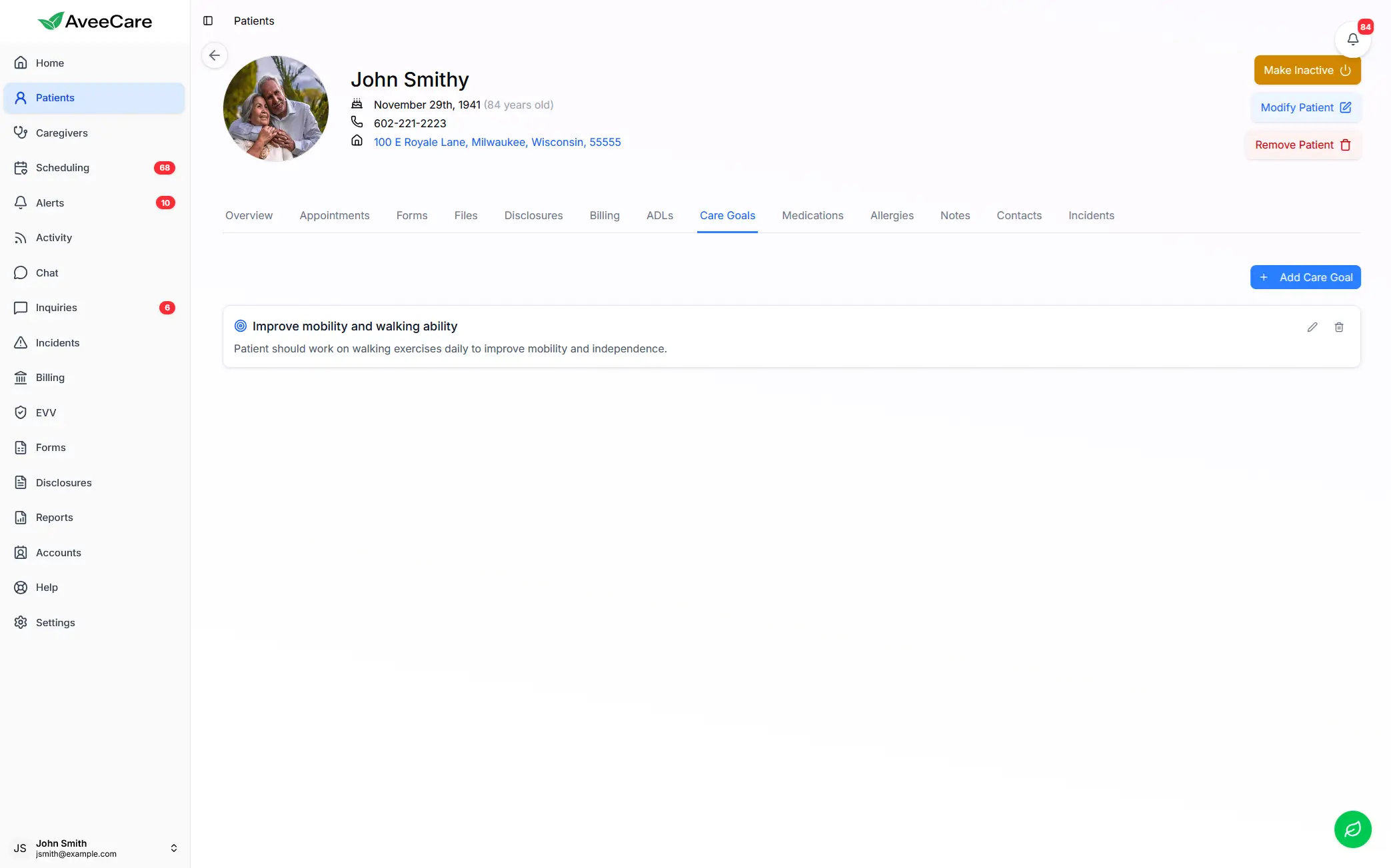 AveeCare patient care goals tracking interface for palliative care documentation