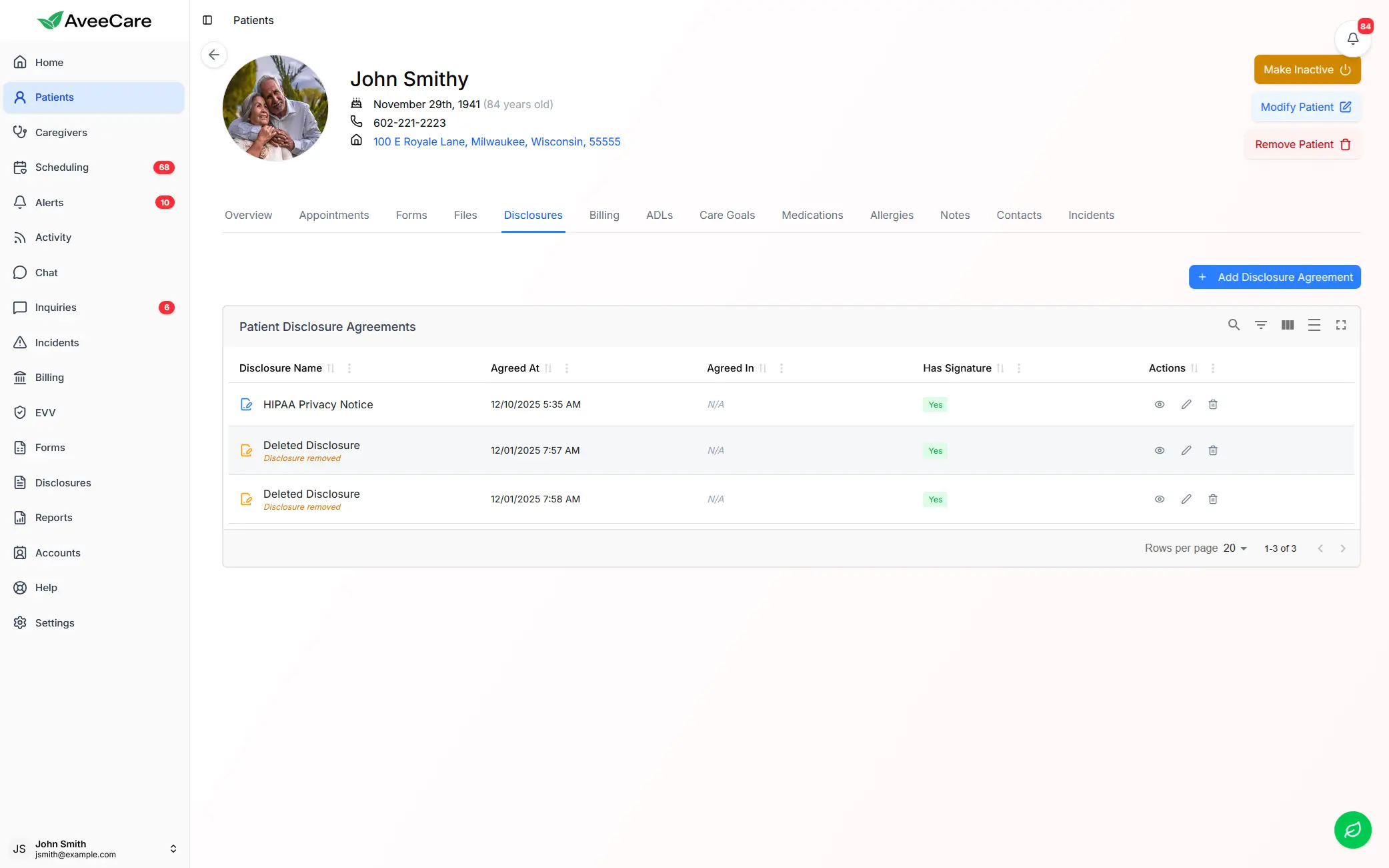 AveeCare patient disclosures and documentation management interface