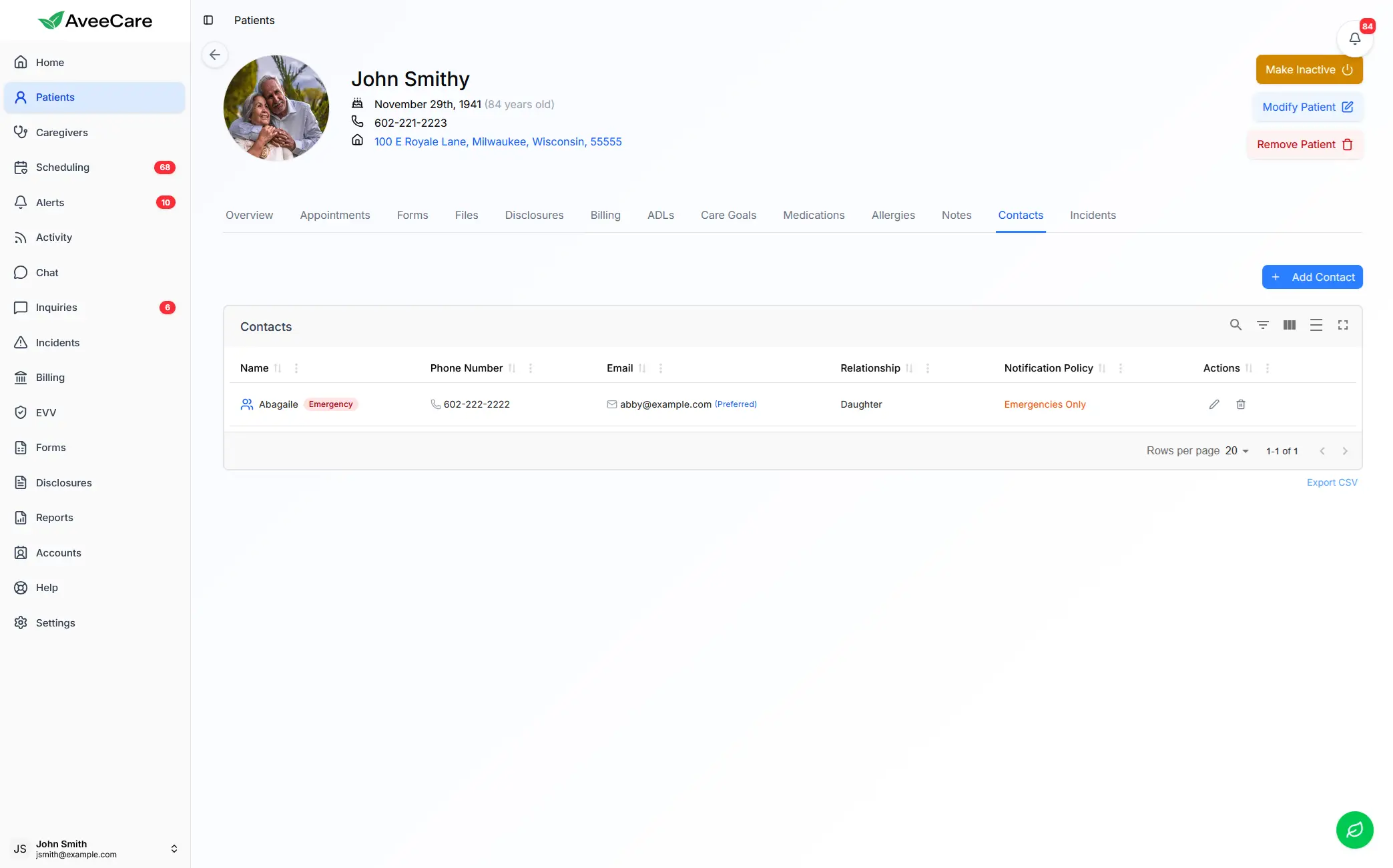 AveeCare emergency contact management for elder abuse reporting