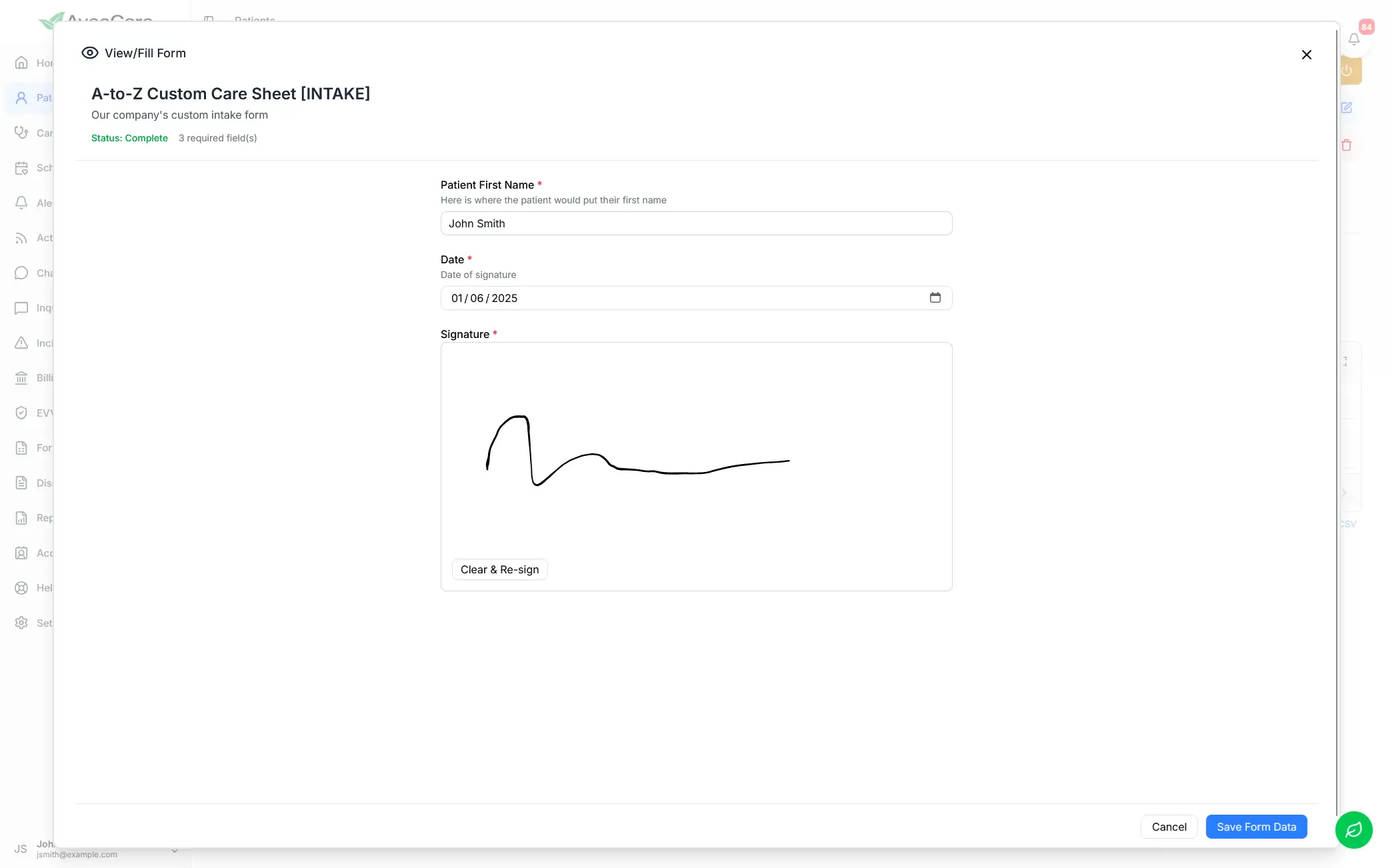 Completed home care client intake form in AveeCare