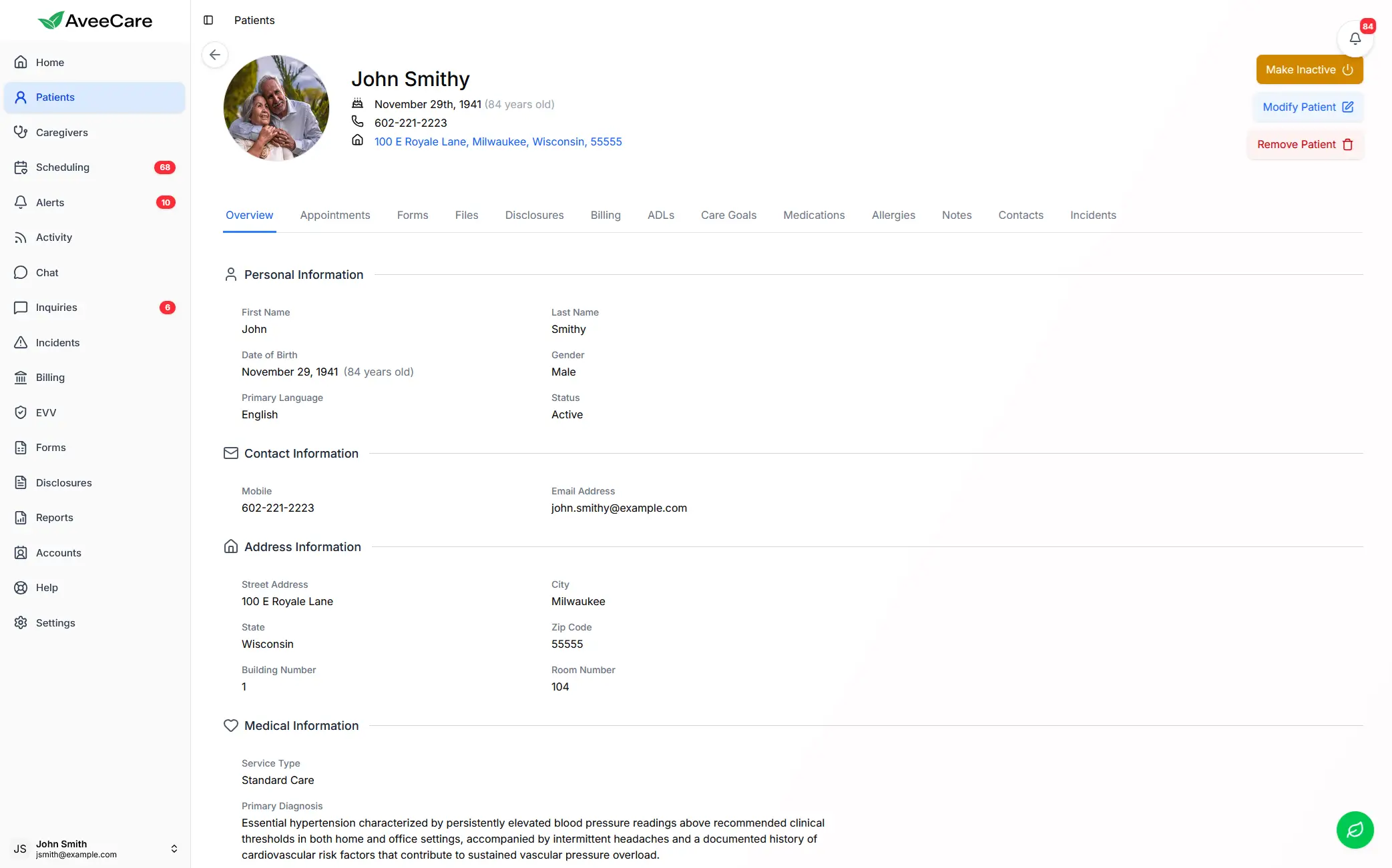 AveeCare Patient Overview page showing patient details and care information