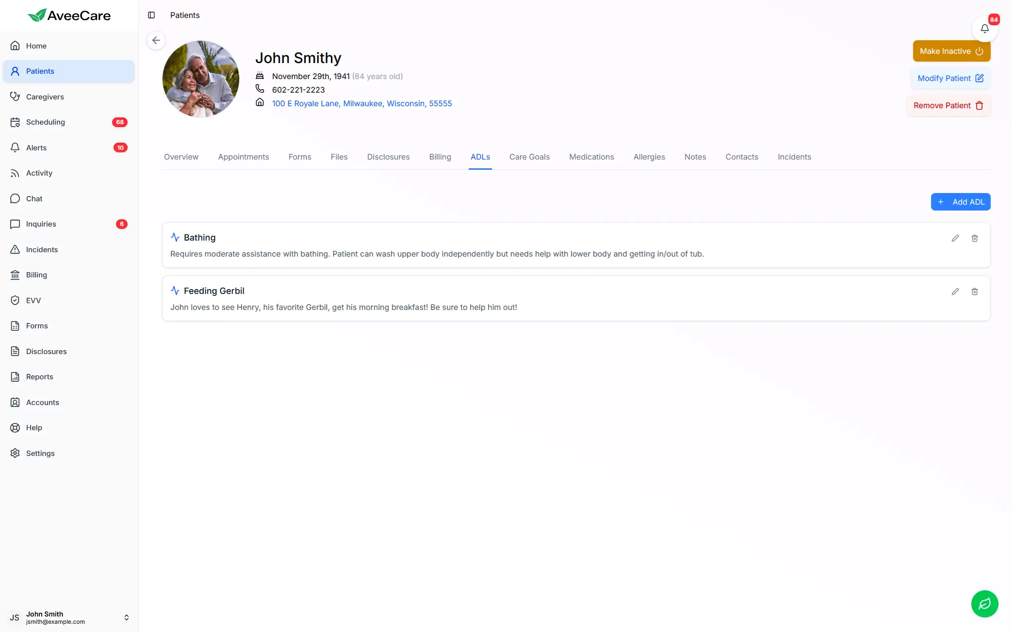 AveeCare ADL tracking interface showing patient-specific default activities of daily living