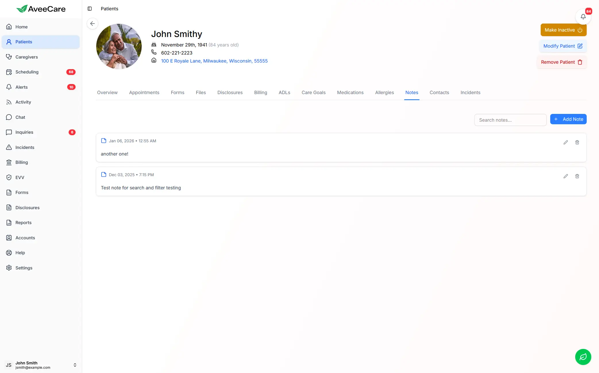 AveeCare searchable notes feature for documenting caregiver performance and interview notes