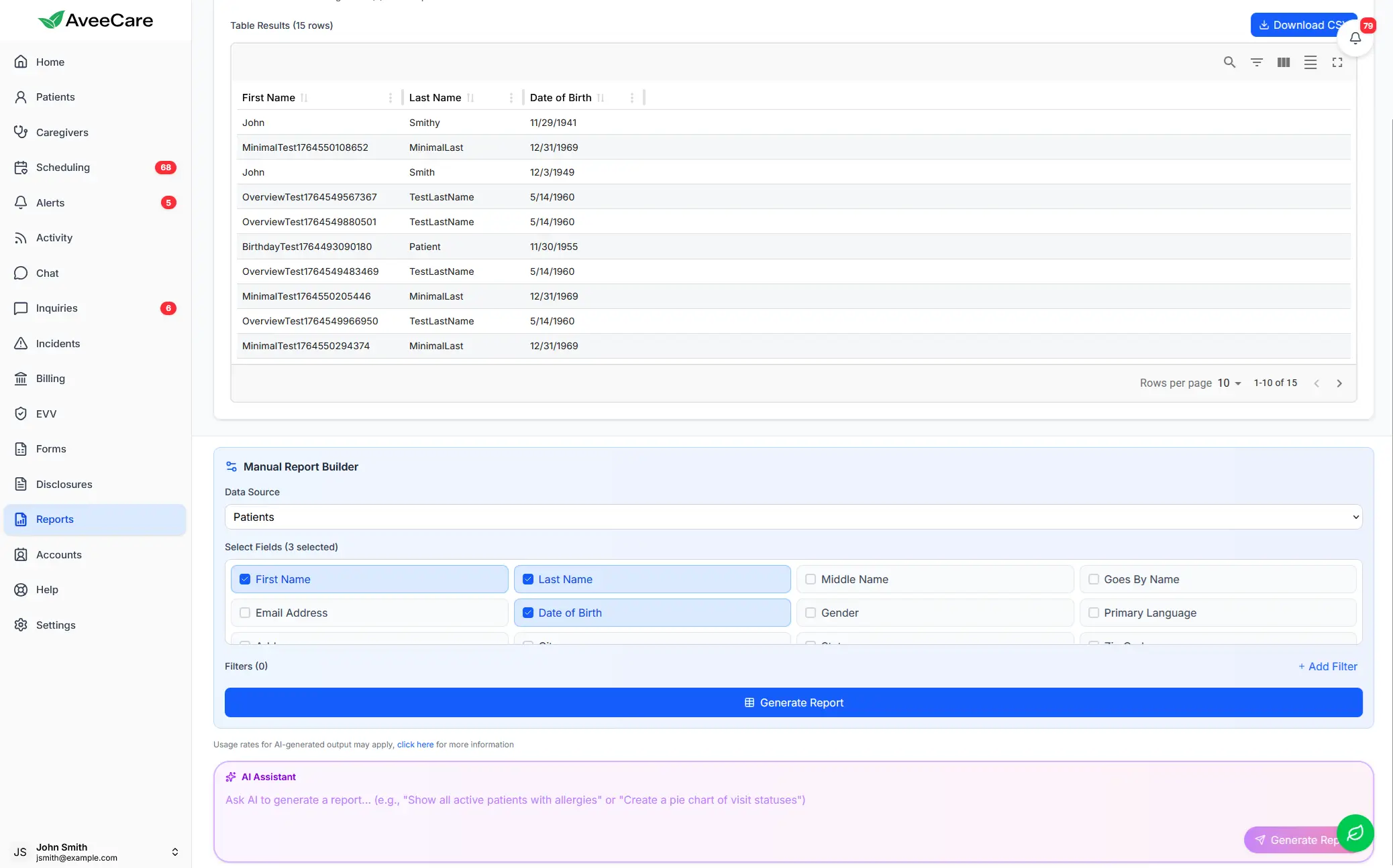 AveeCare revenue reporting dashboard for payer mix analysis