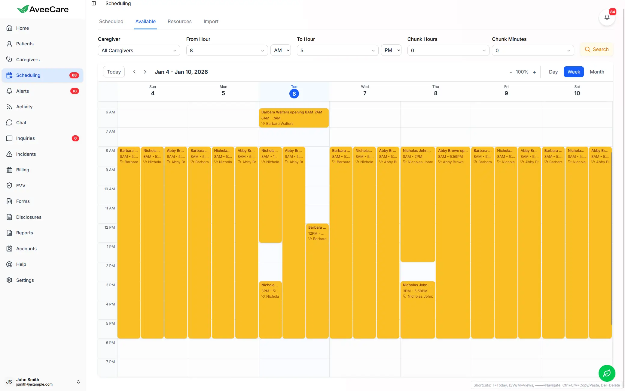 AveeCare availability tracking for caregiver scheduling and matching