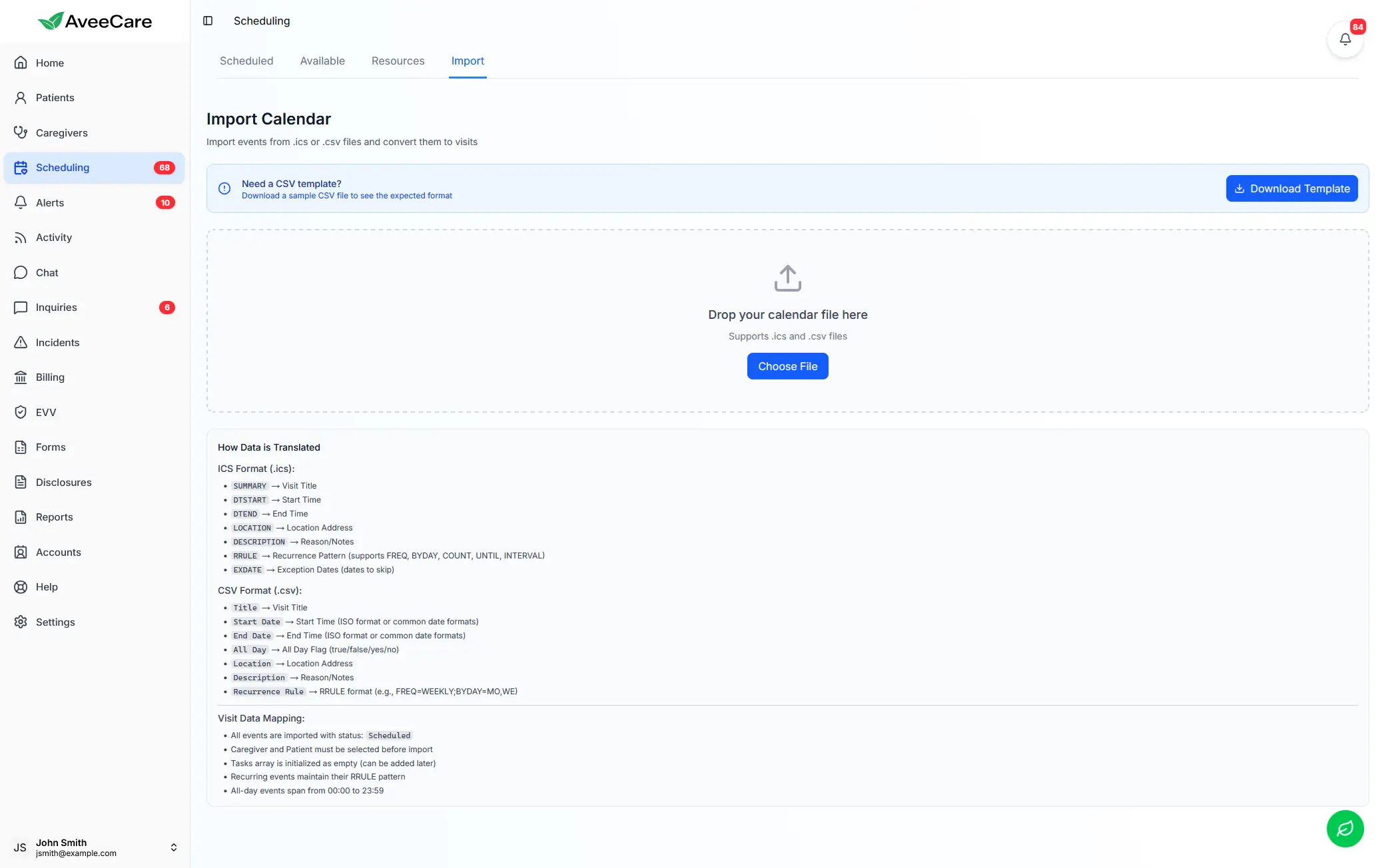 AveeCare bulk visit scheduling interface for Iowa home care agencies
