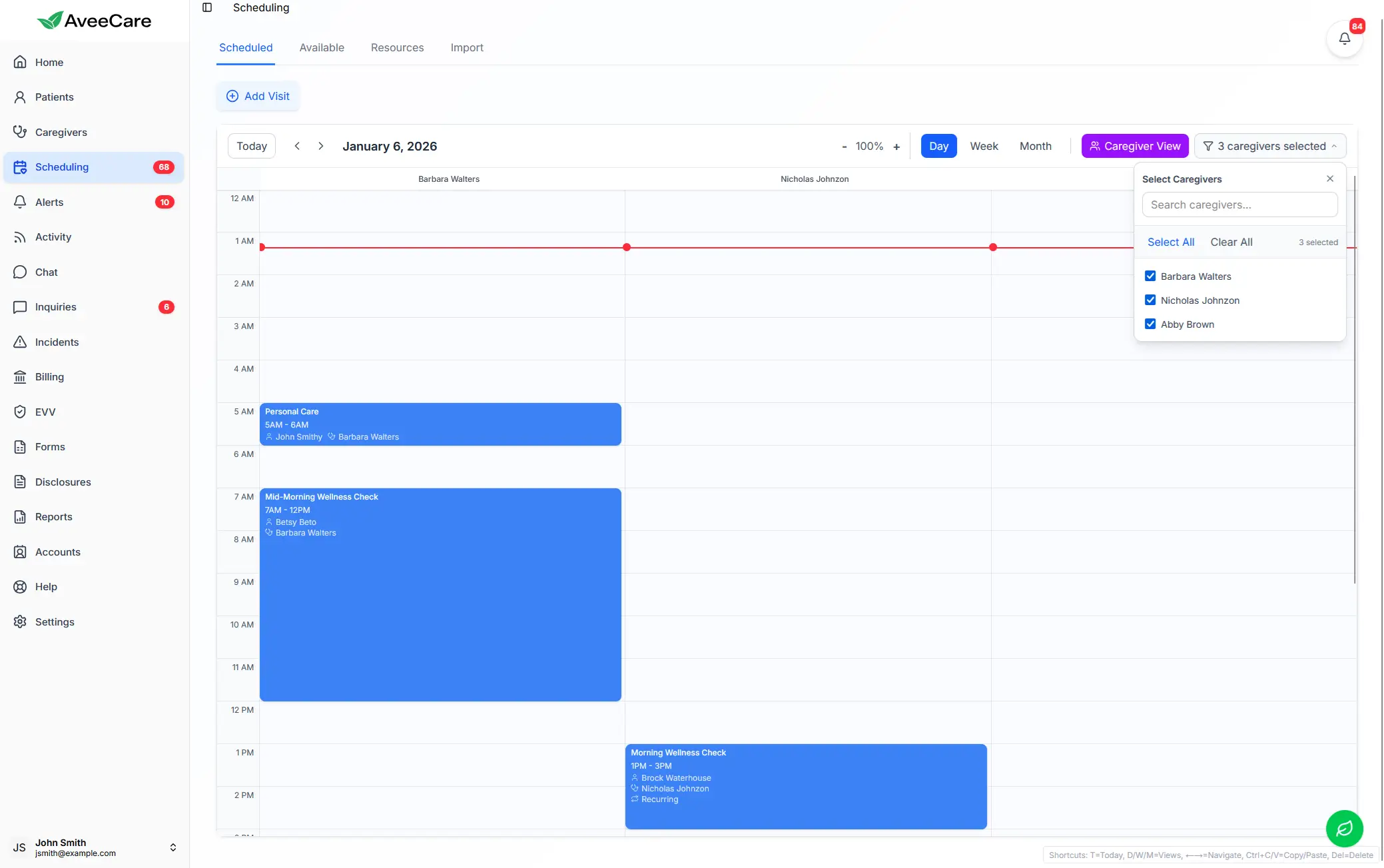 AveeCare caregiver scheduling day view for managing Nevada home care shifts