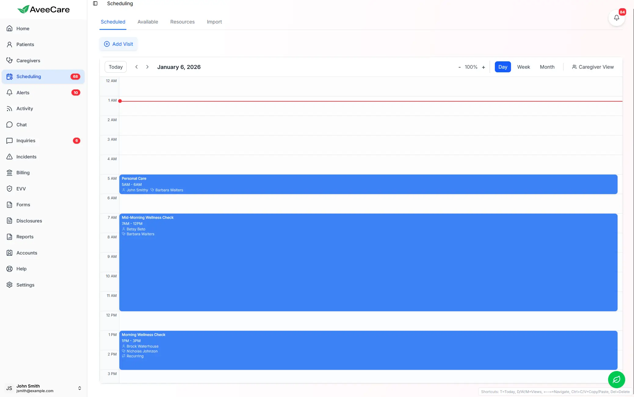 AveeCare scheduling day view for managing caregiver shifts