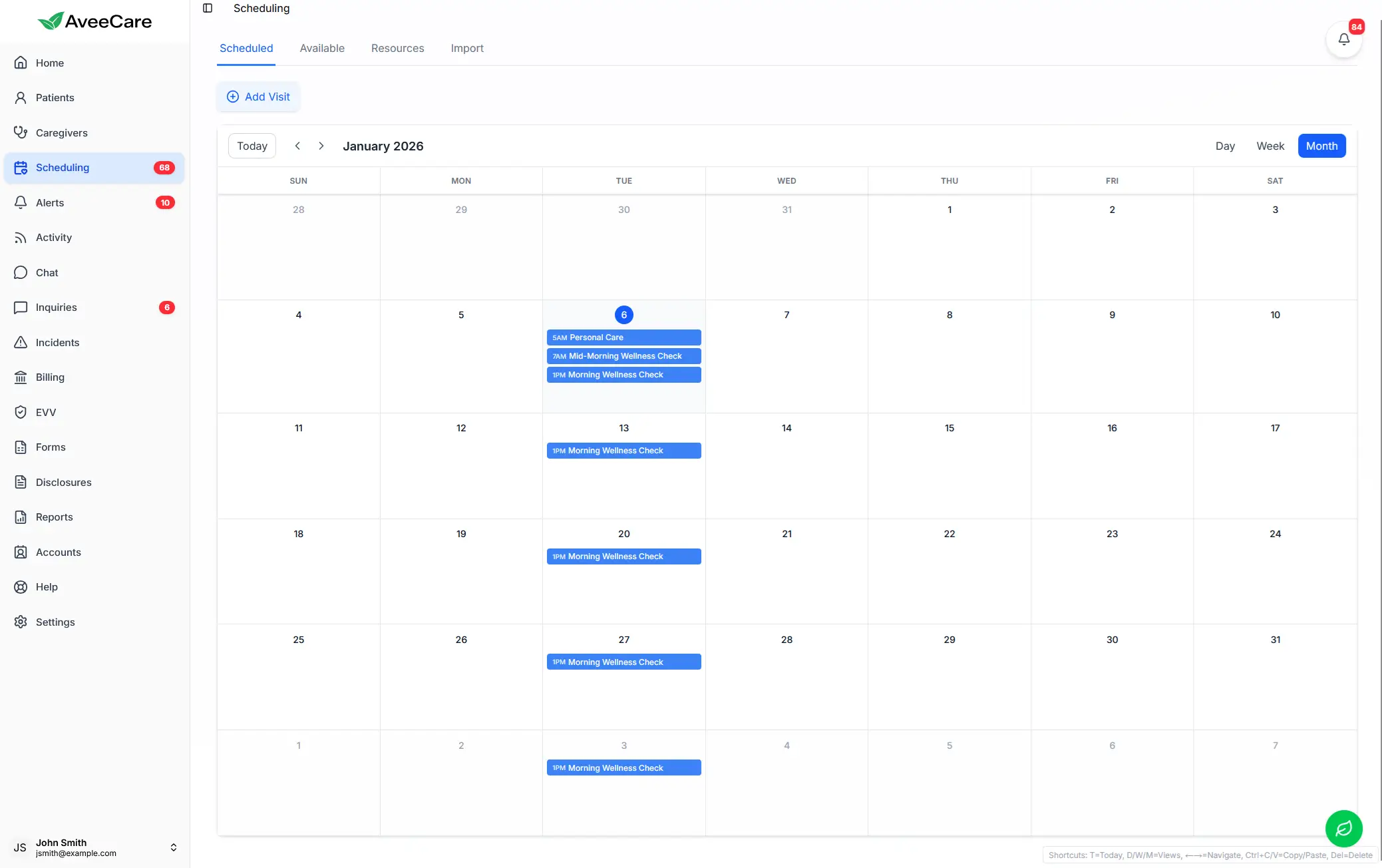 AveeCare scheduling month view for home care scheduling app overview