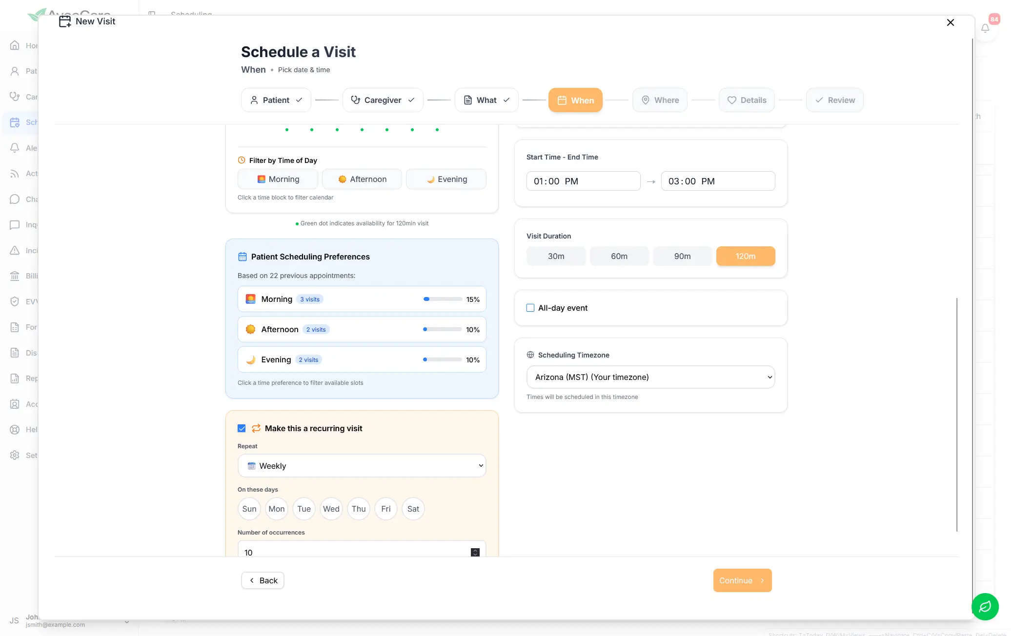 AveeCare recurring visit scheduling modal for live-in caregiver rotations