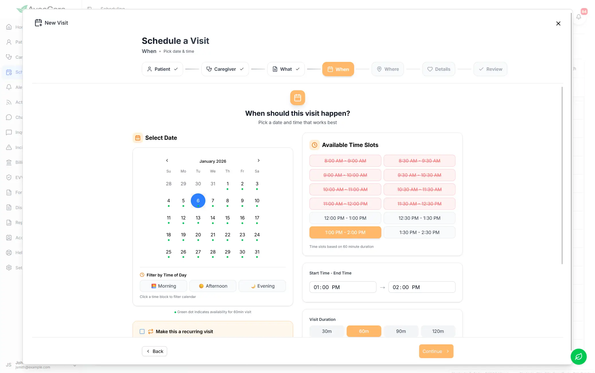 AveeCare visit scheduling interface for managing New Mexico home care appointments