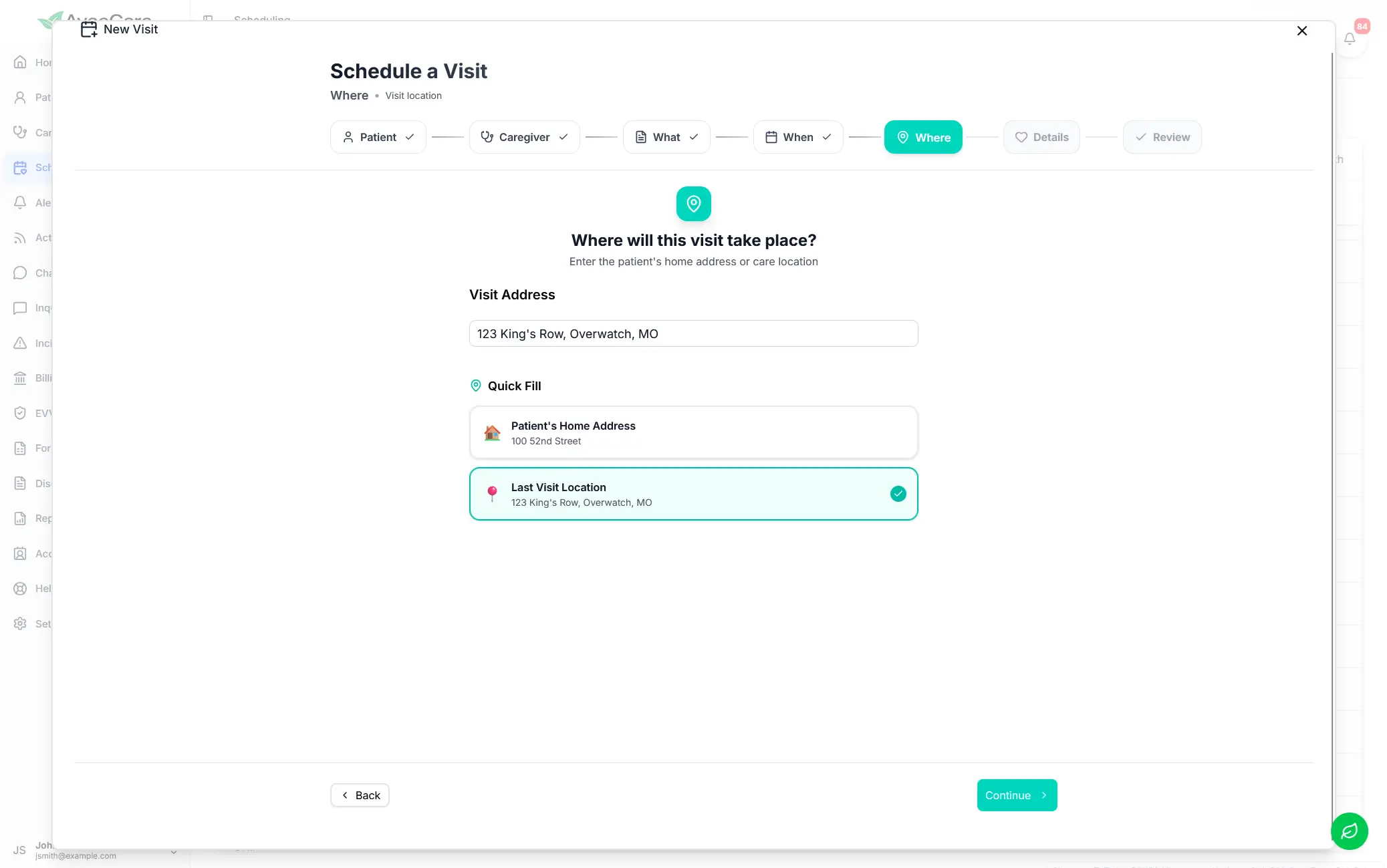 AveeCare visit scheduling with service type selection