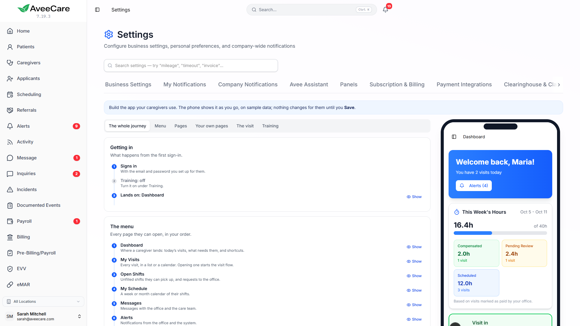 The Caregiver Experience tab in Settings with the menu editor on the left and the caregiver app running in a phone preview on the right