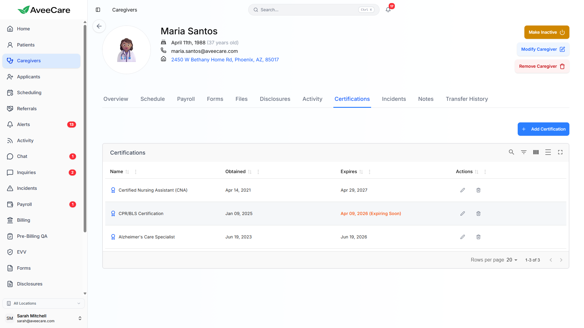 AveeCare Real-Time Certification Alerts