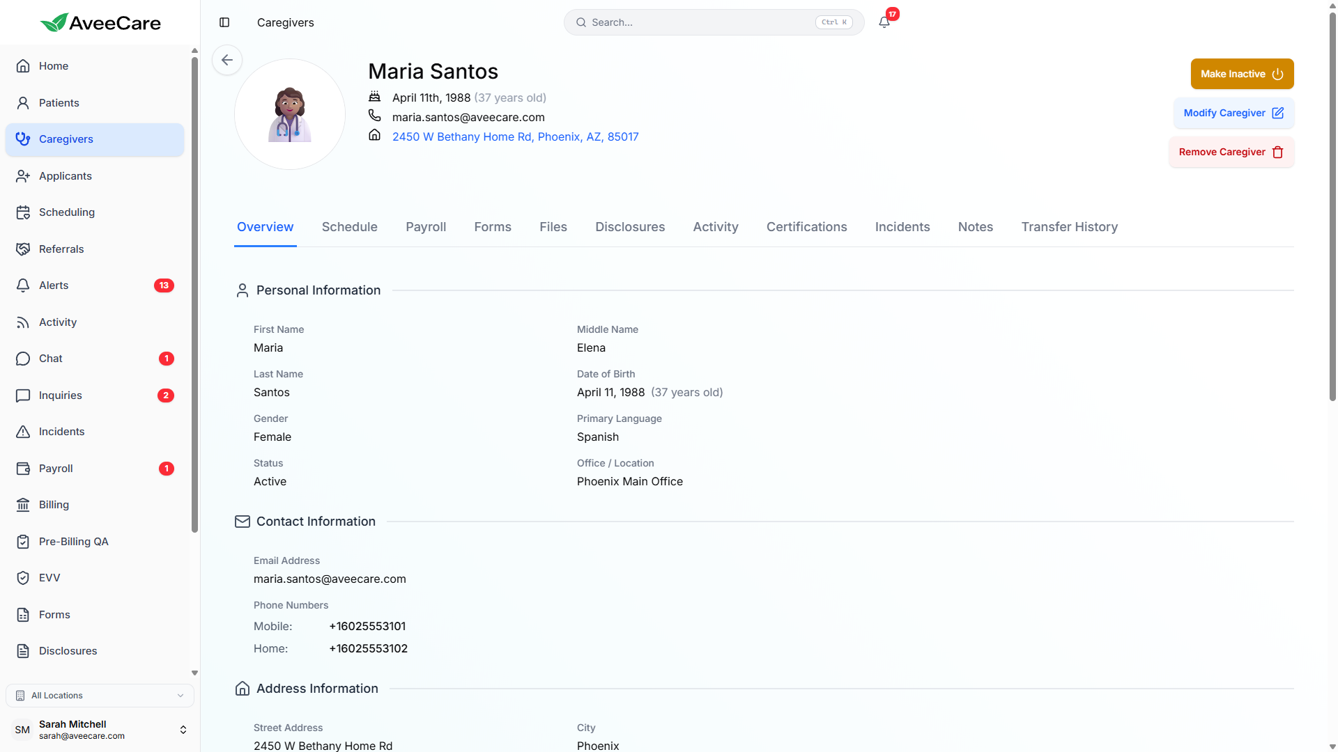 AveeCare Caregiver Profile Detail View