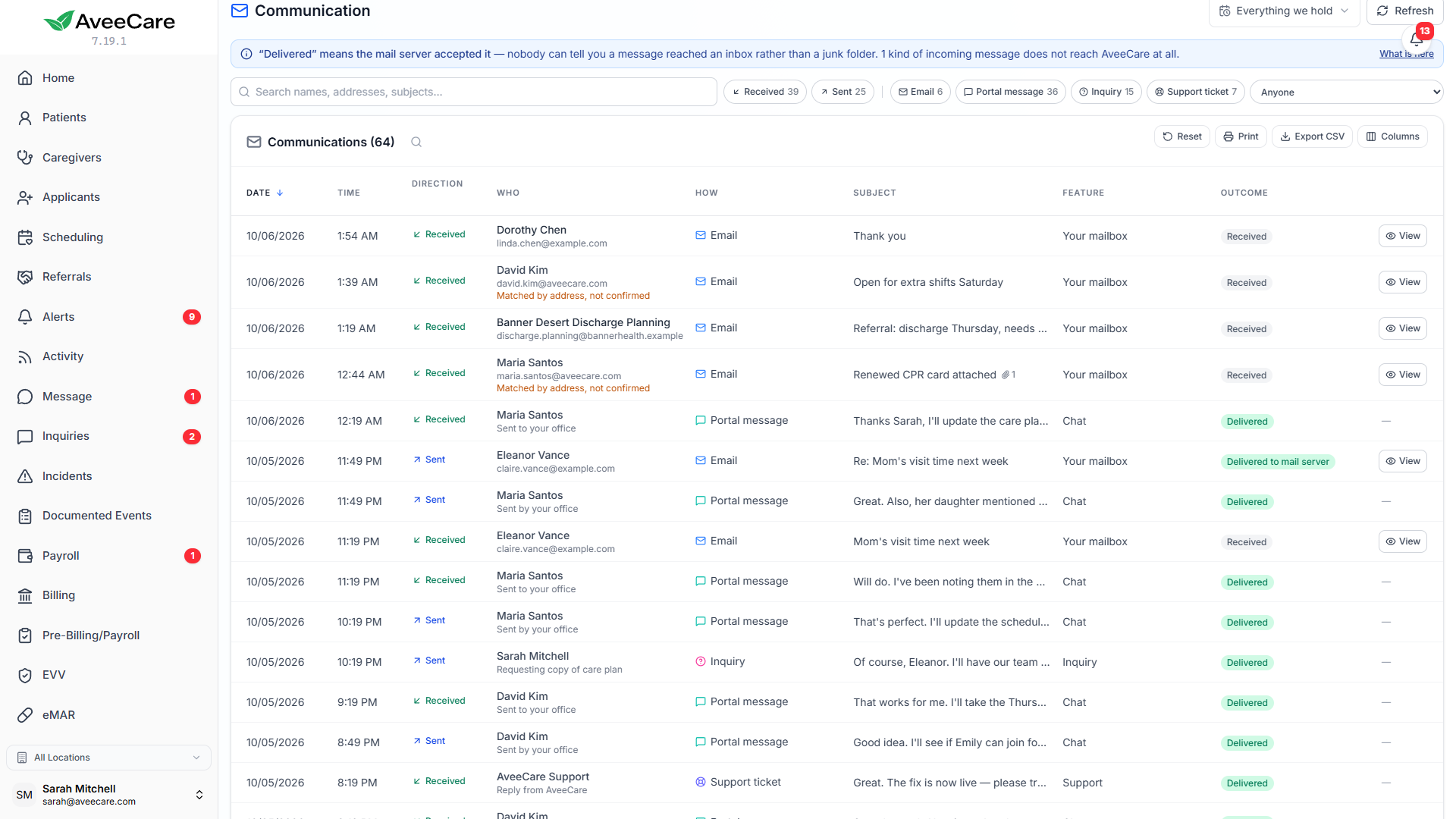 The Communication page listing sent and received emails with How and Outcome columns
