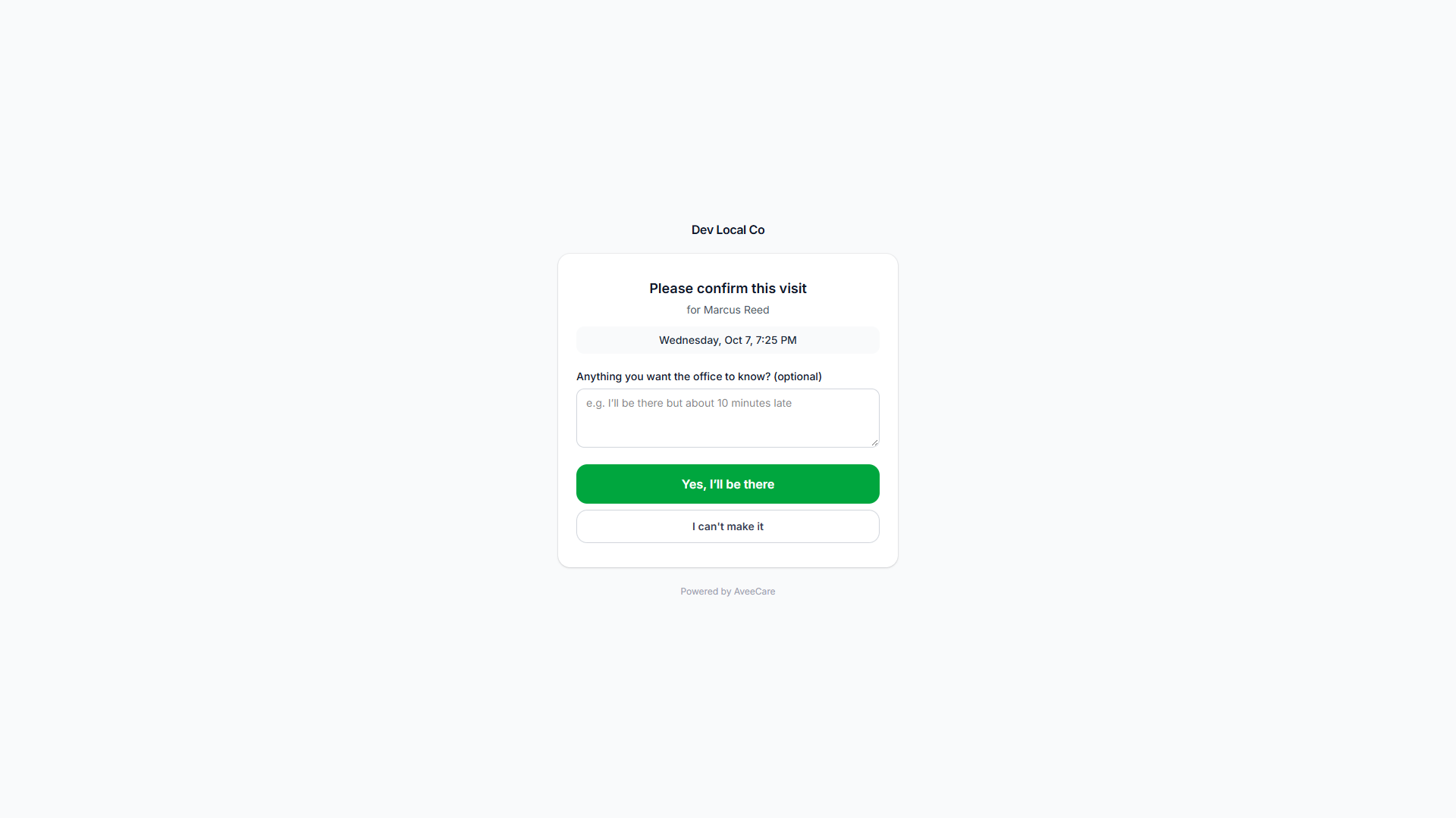 The confirmation page a caregiver sees, with the agency’s message, their shifts and a Confirm button