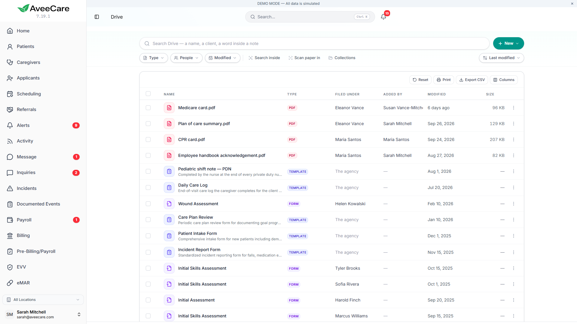 AveeCare Drive showing folders and documents in a list with Added by and Size columns