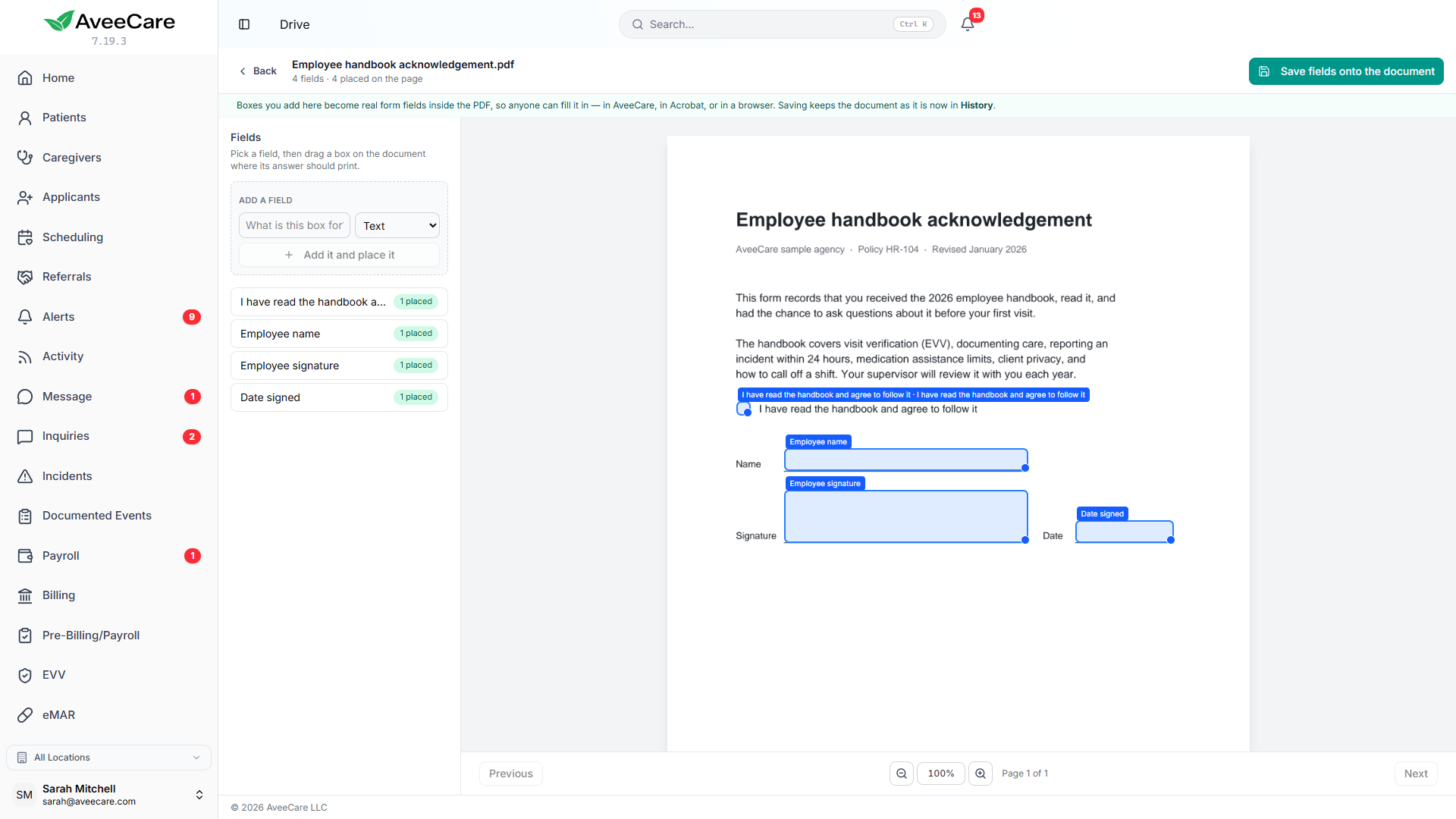 A payer PDF open in Drive with signature and date boxes placed on it in the Form fields editor