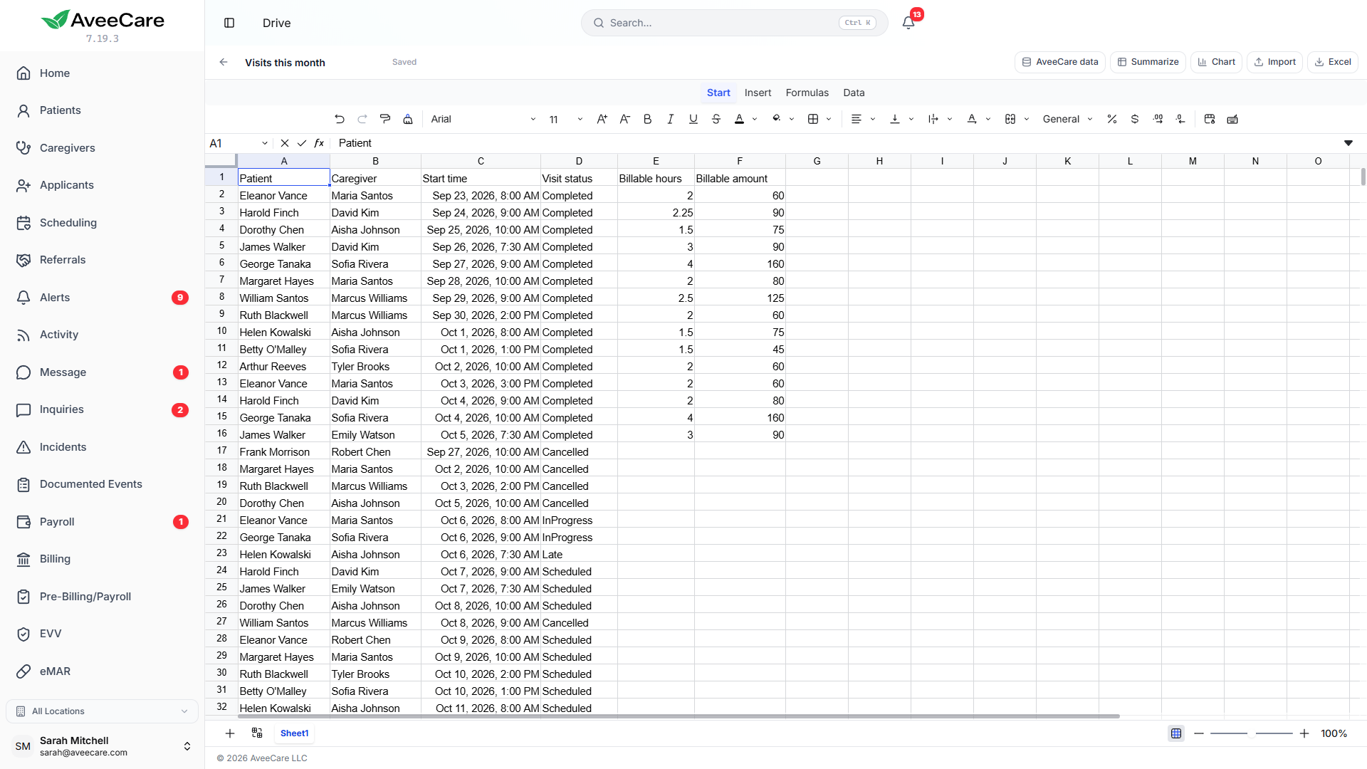 A Drive spreadsheet with AveeCare visit data pulled into the grid and a bar chart beside it