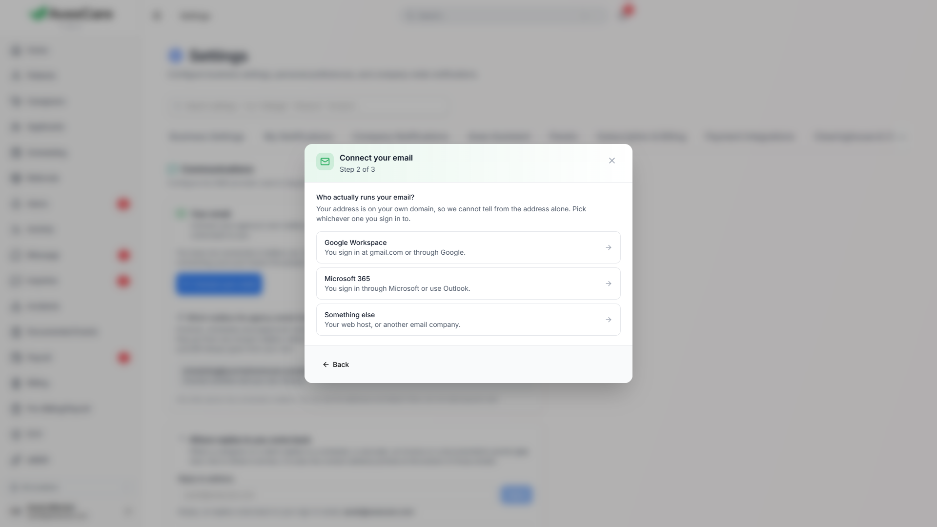 The Connect your email setup in Settings asking who runs the agency’s email
