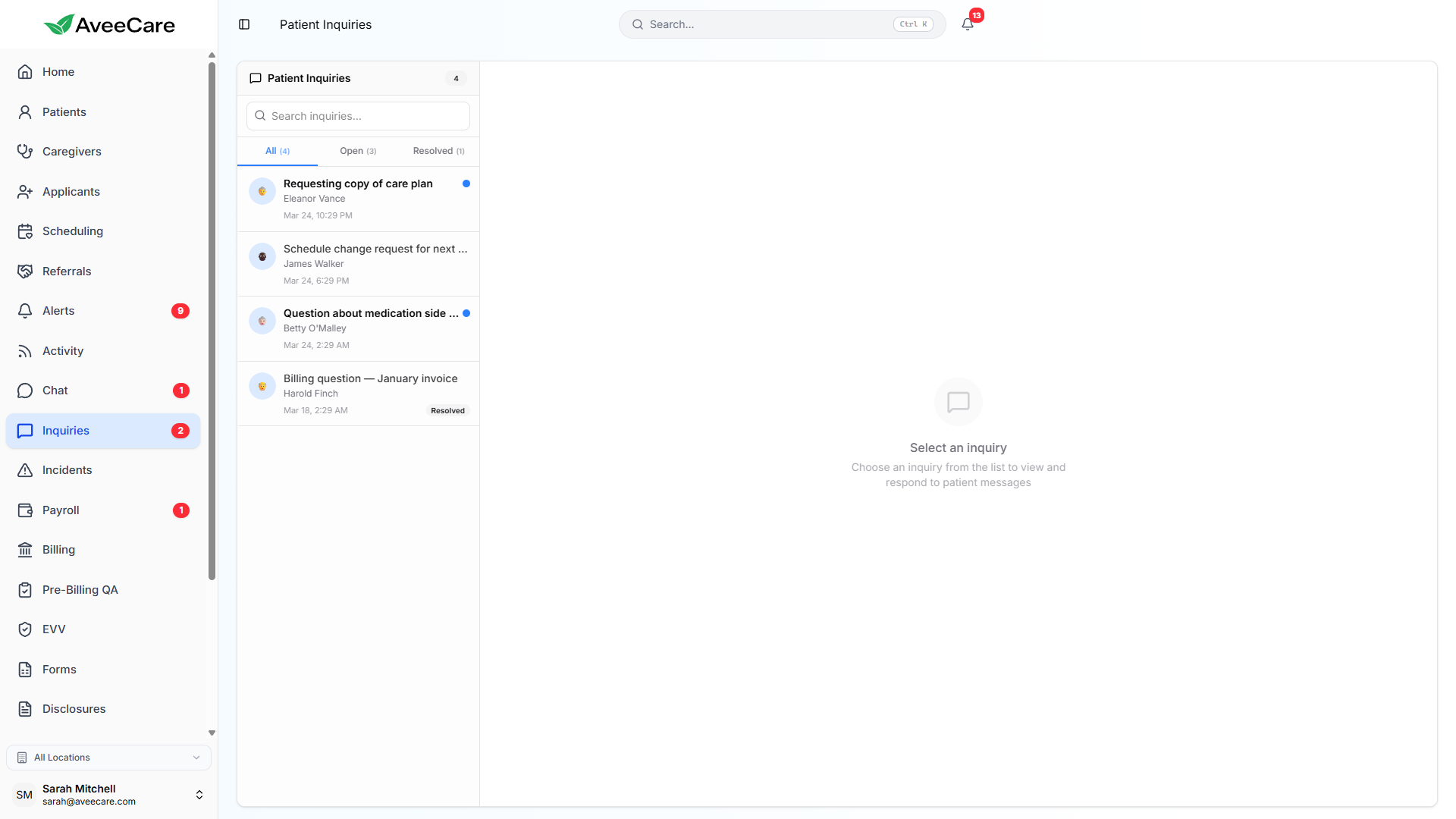 Patient inquiry management in AveeCare