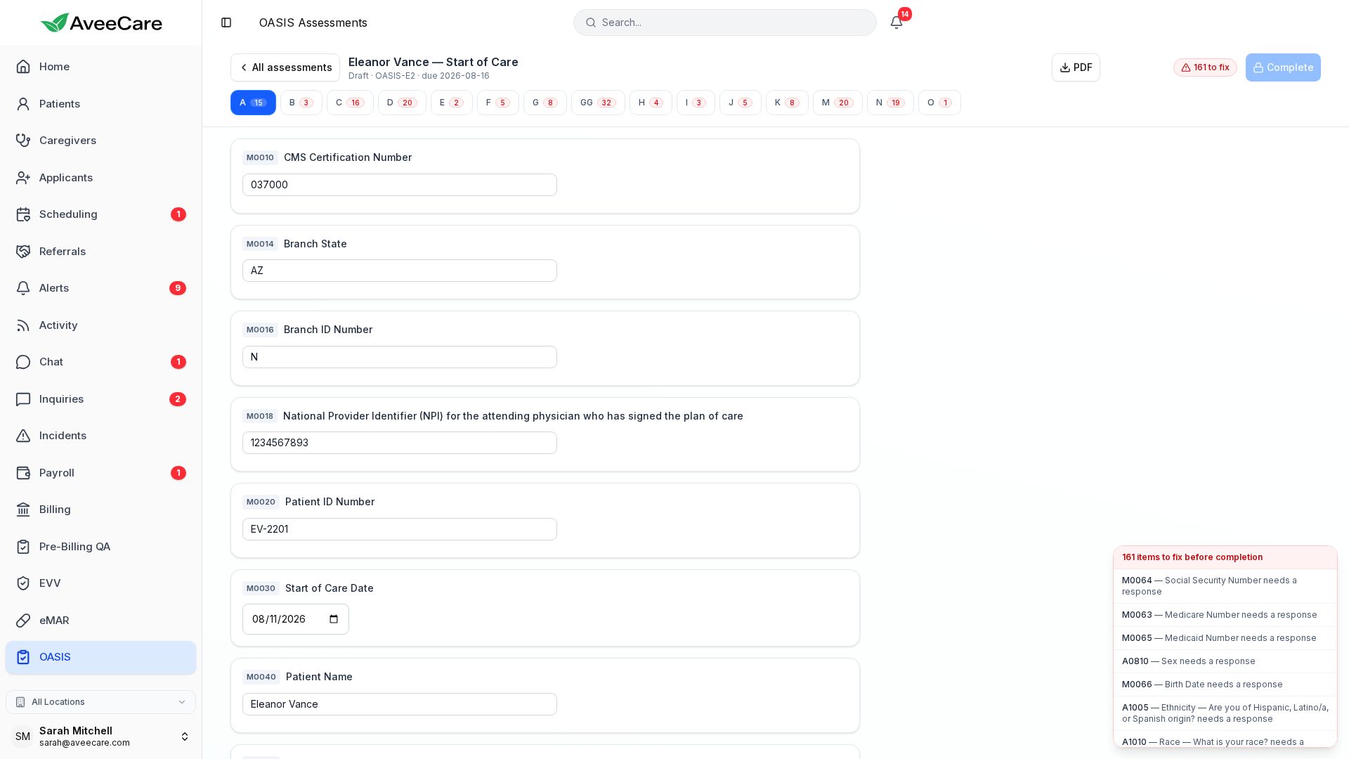 AveeCare OASIS-E2 assessment form showing section navigation and the inline validation panel