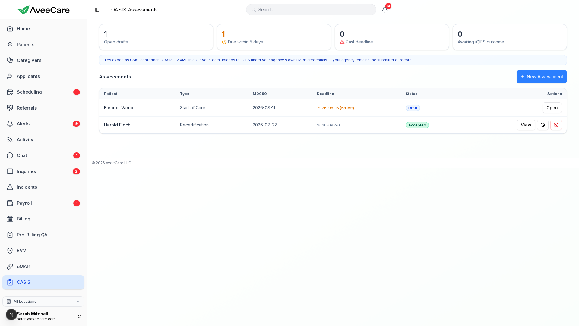 AveeCare OASIS assessments list showing open drafts, deadlines, and assessment status