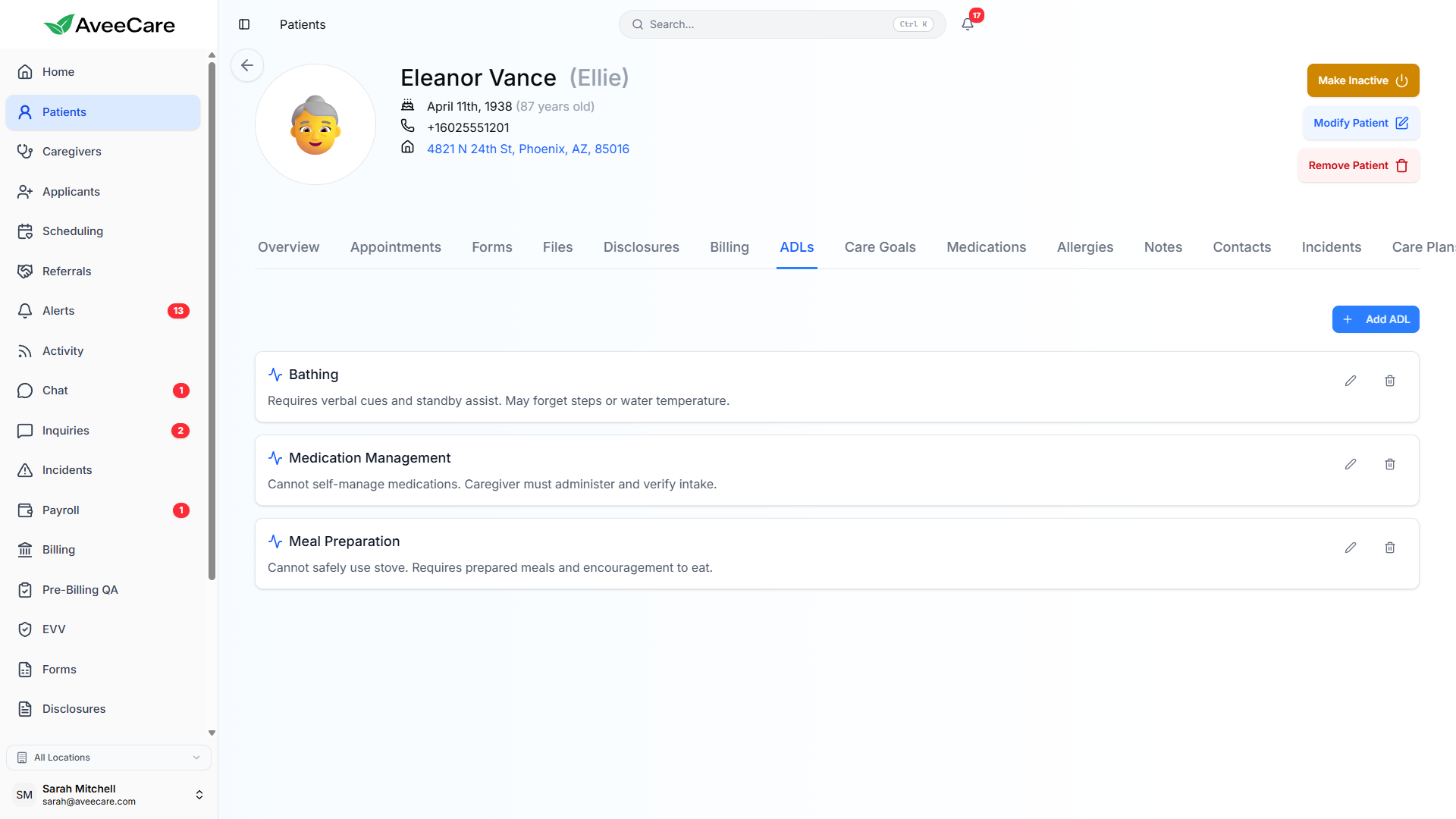 Patient-specific default ADLs in AveeCare