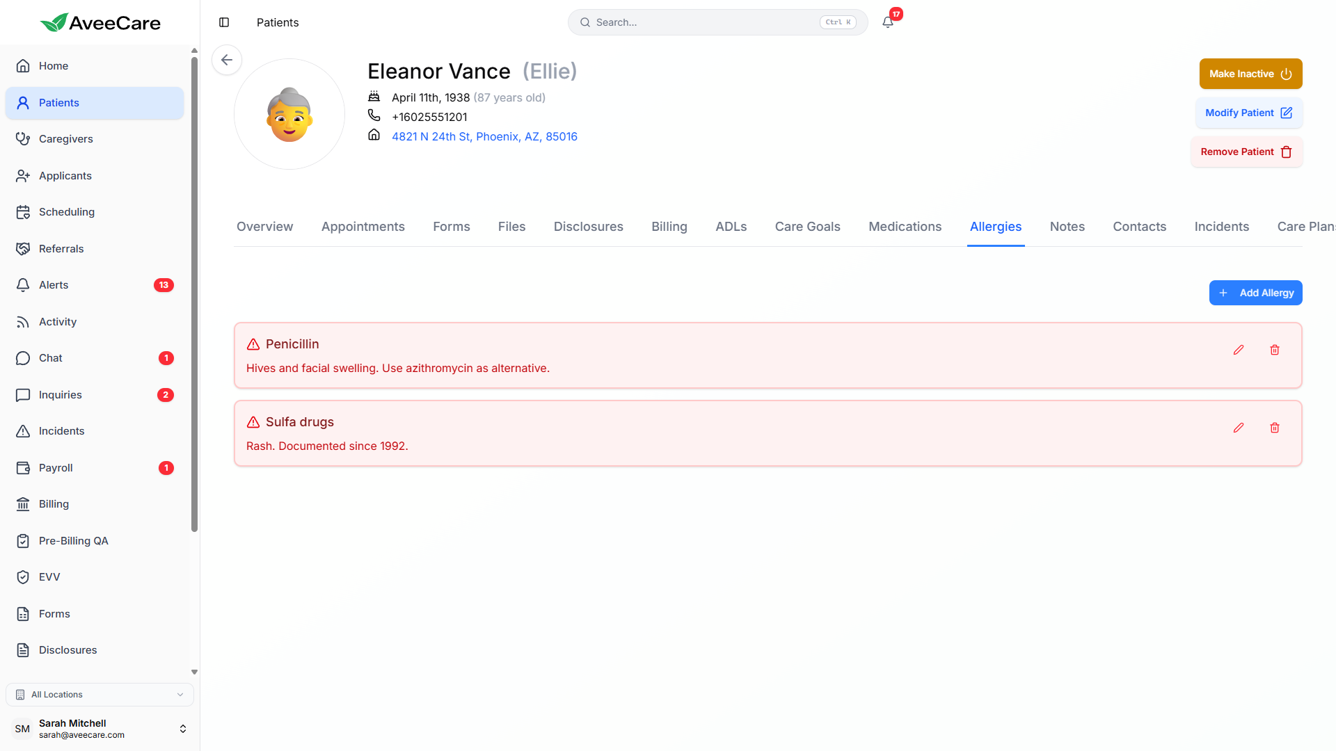 Patient allergy tracking in AveeCare