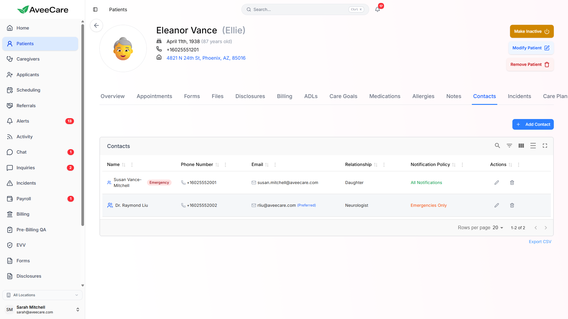 Patient emergency contacts in AveeCare