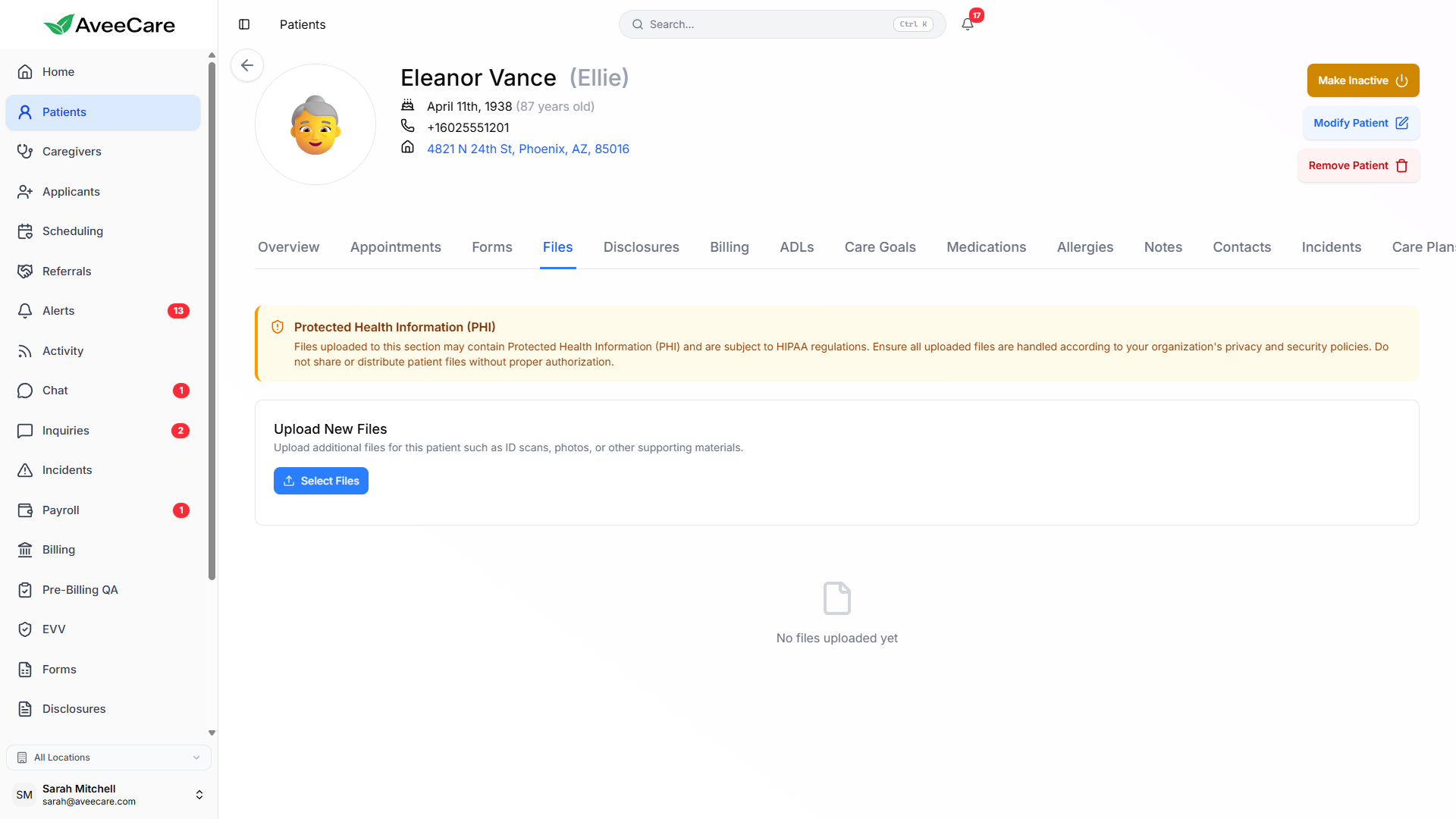 AveeCare Caregiver File Storage
