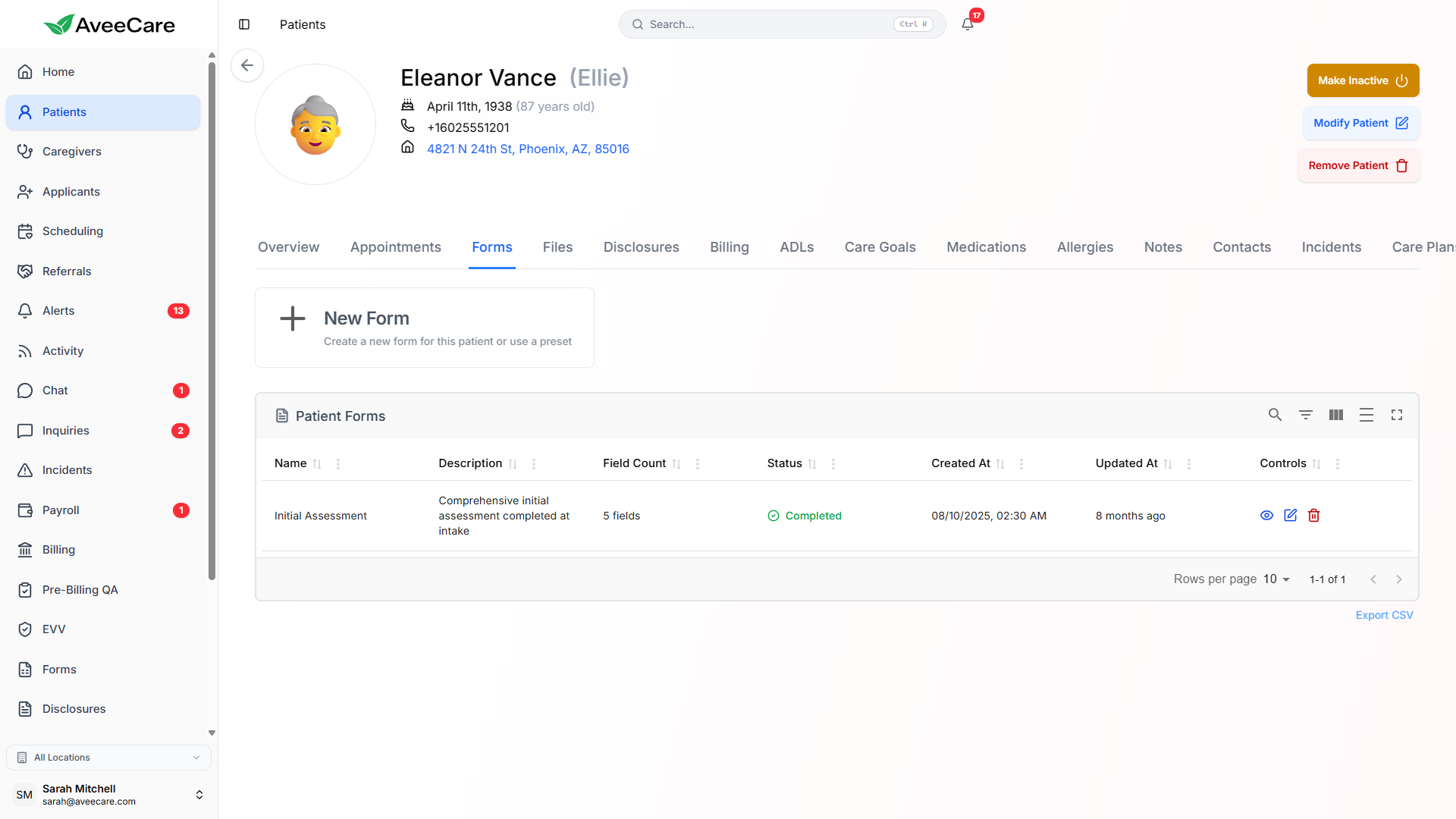 Patient intake form in AveeCare