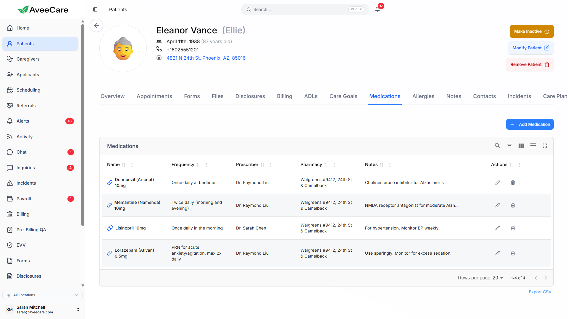 Patient medication list in AveeCare