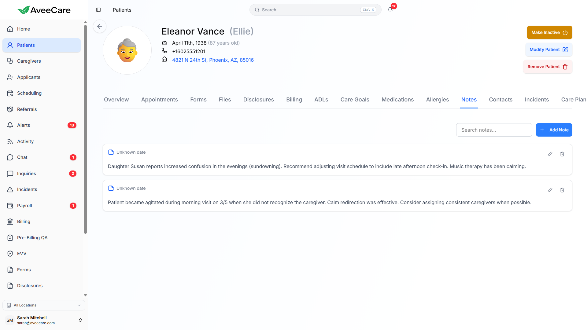AveeCare Caregiver Searchable Notes