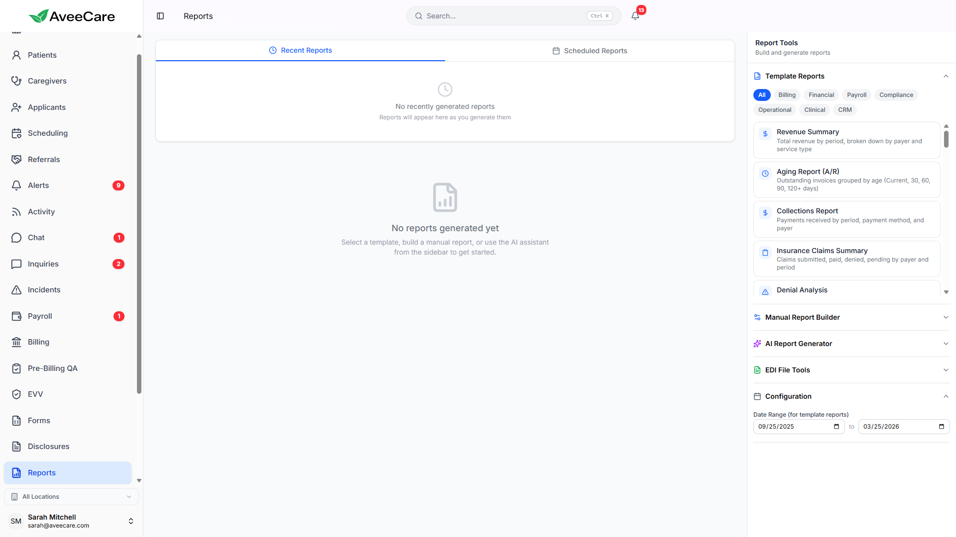 AveeCare report generation interface