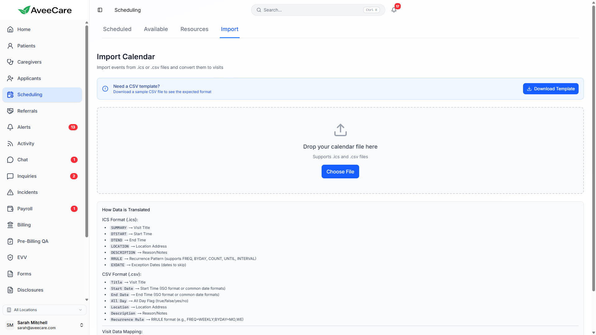 Bulk visit import interface in AveeCare