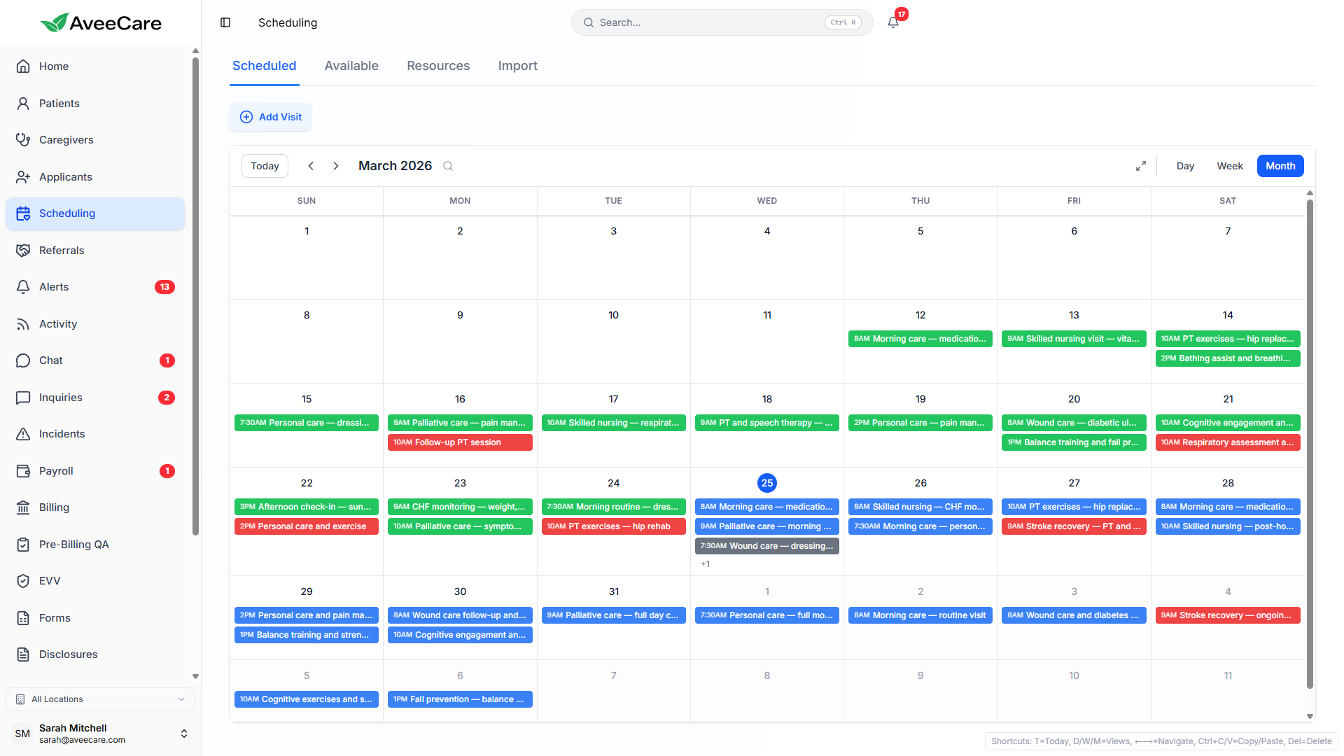 AveeCare Caregiver Calendar Month View