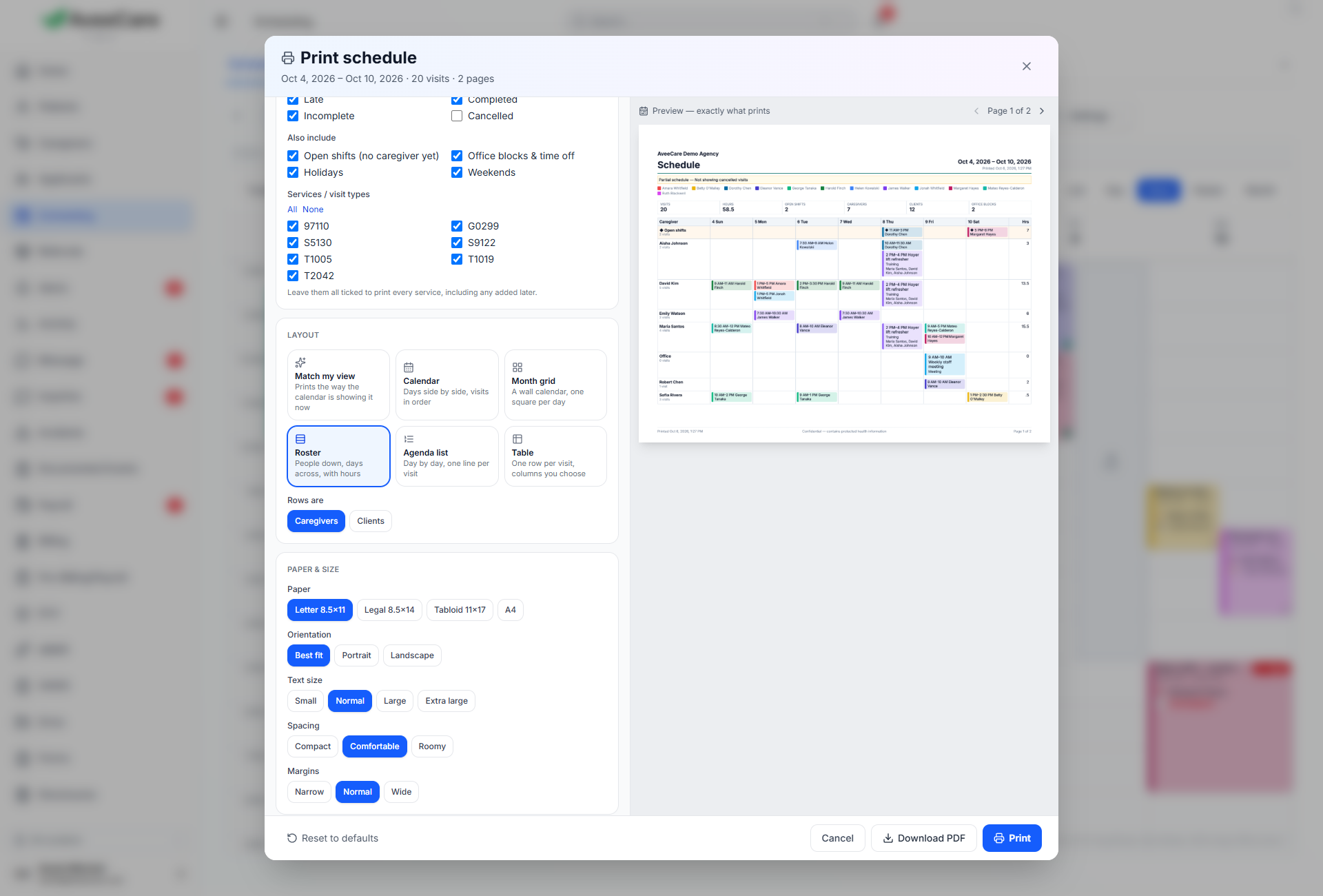 The Print the schedule window with layout options and a roster preview with hours
