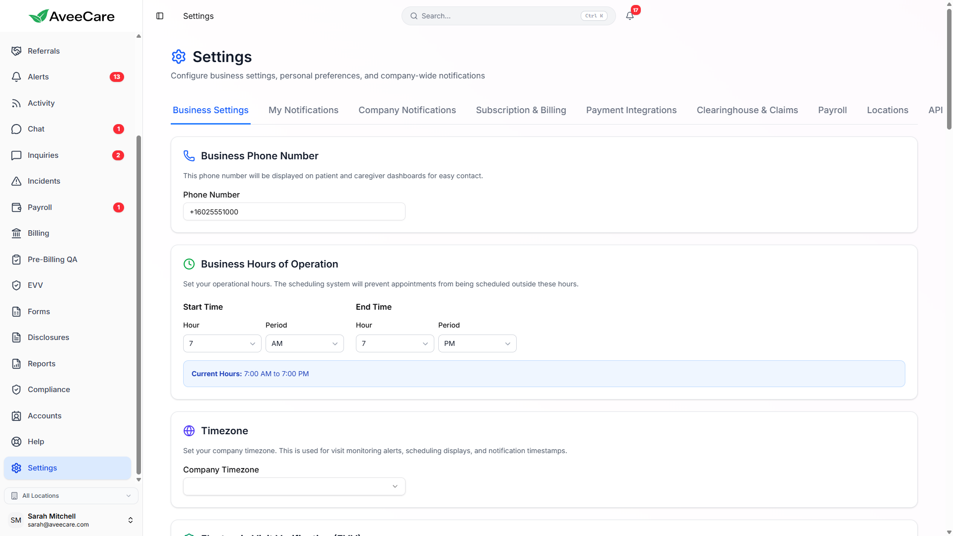 AveeCare Invoice and Notification Settings