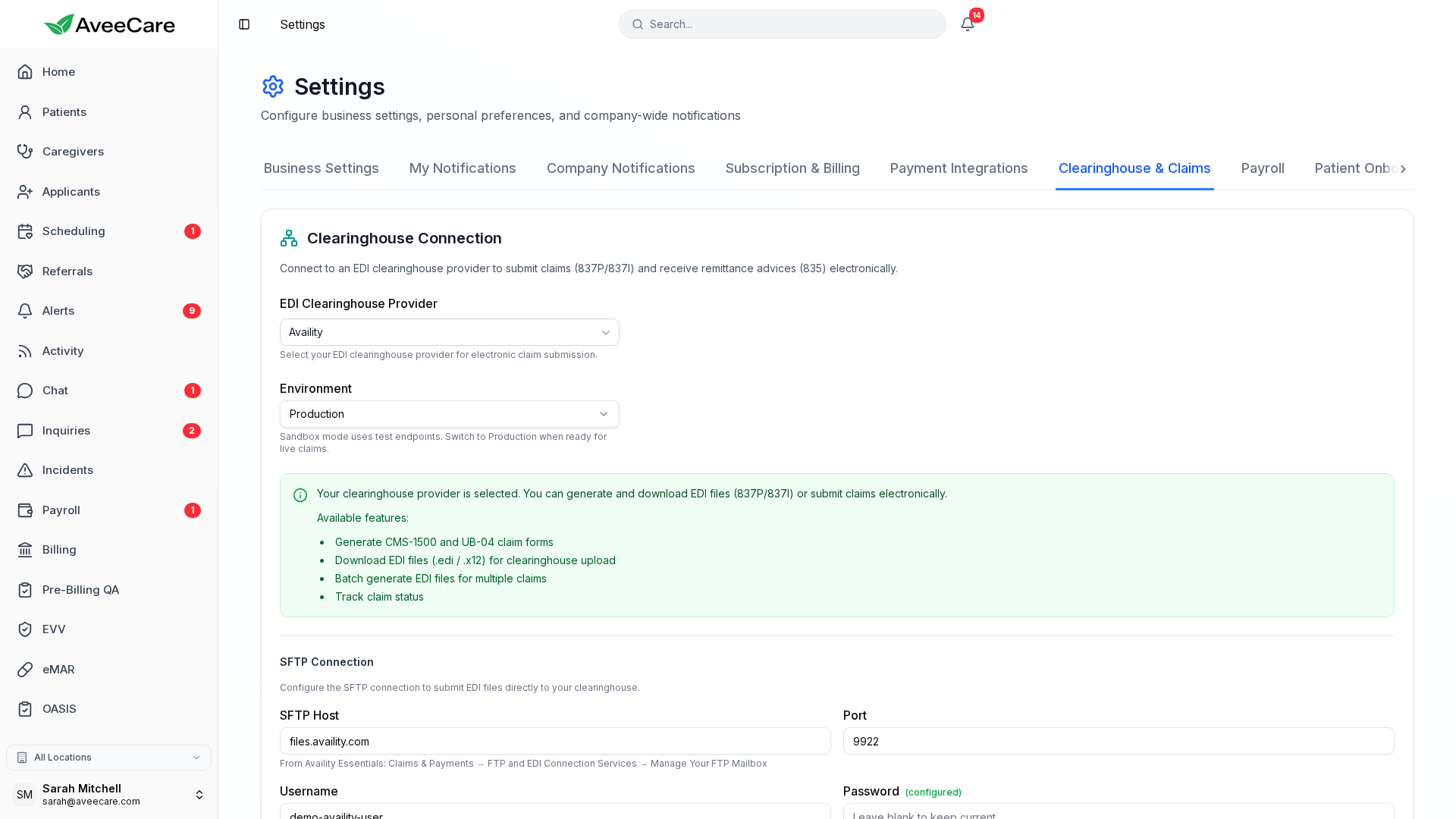 AveeCare clearinghouse settings showing the Availity provider, environment, and SFTP connection fields