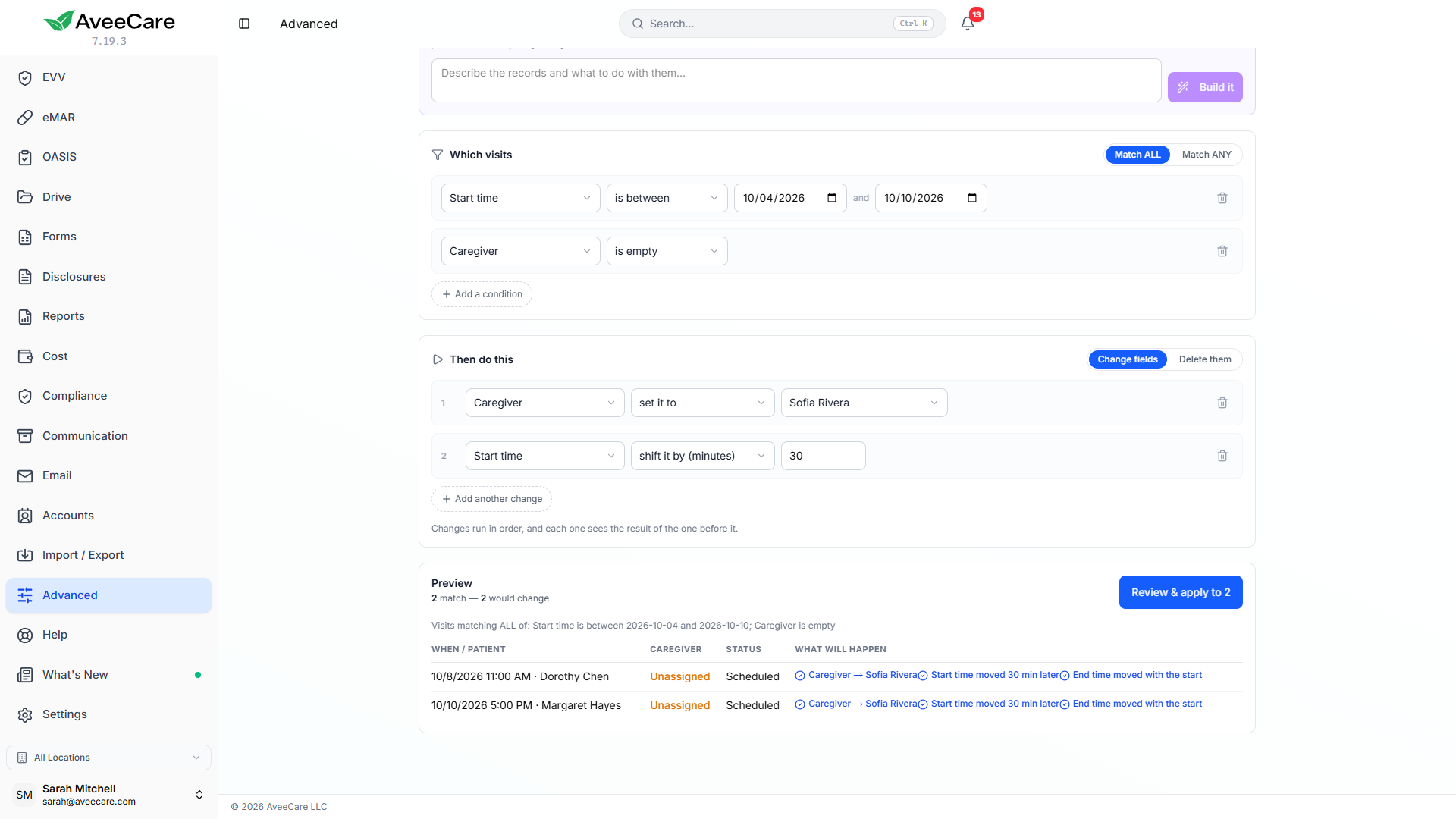 A bulk operation on the Advanced page with filters, two changes in order and a preview of the matching visits