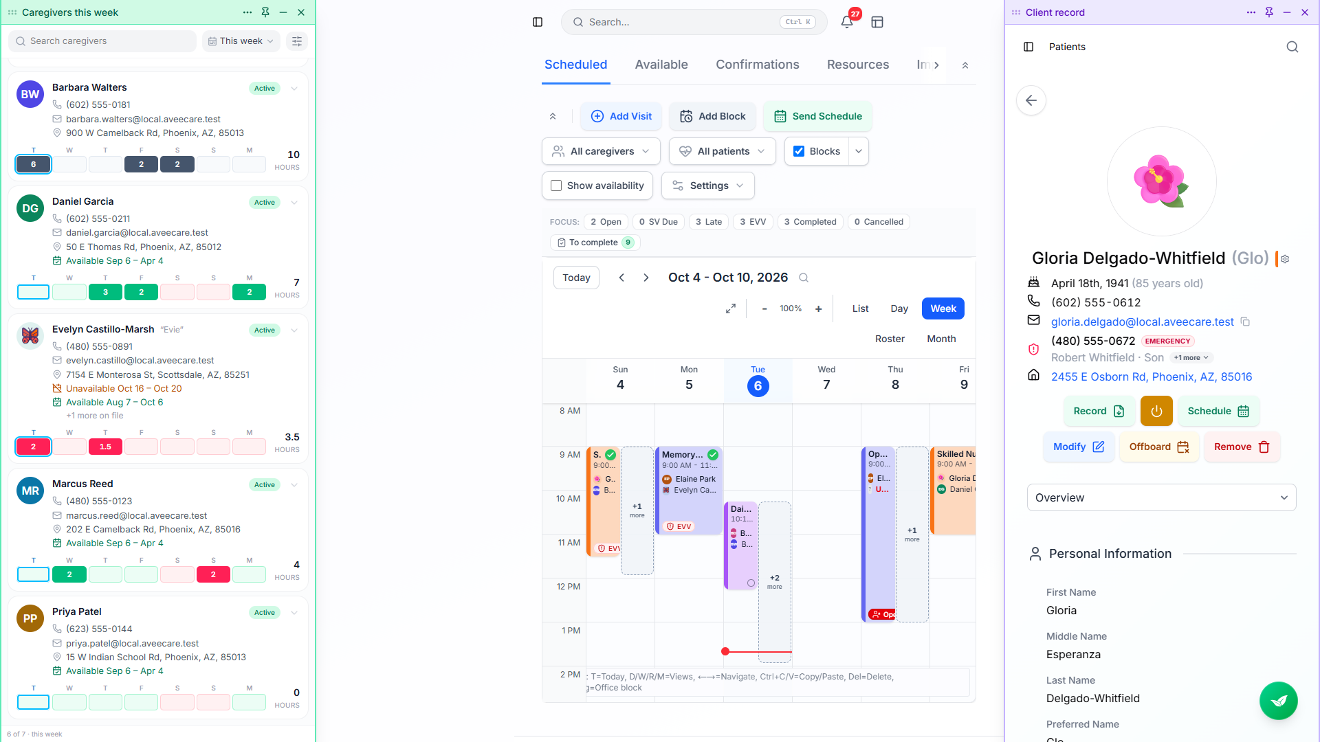 Two named panels docked beside the scheduling calendar, one showing a caregiver list and one a client record