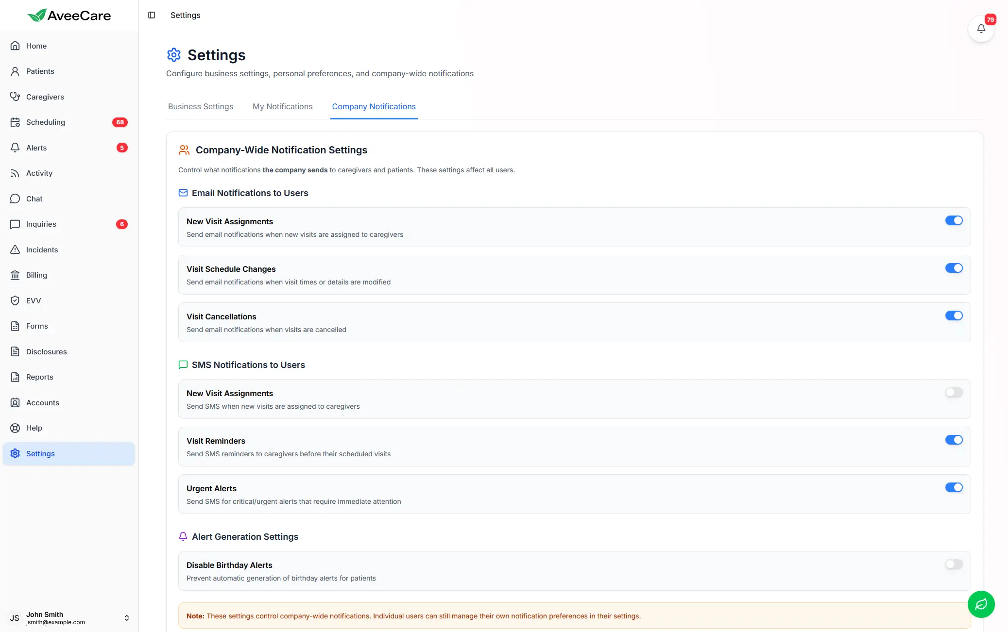 AveeCare customizable notification and preference settings for culturally diverse care needs